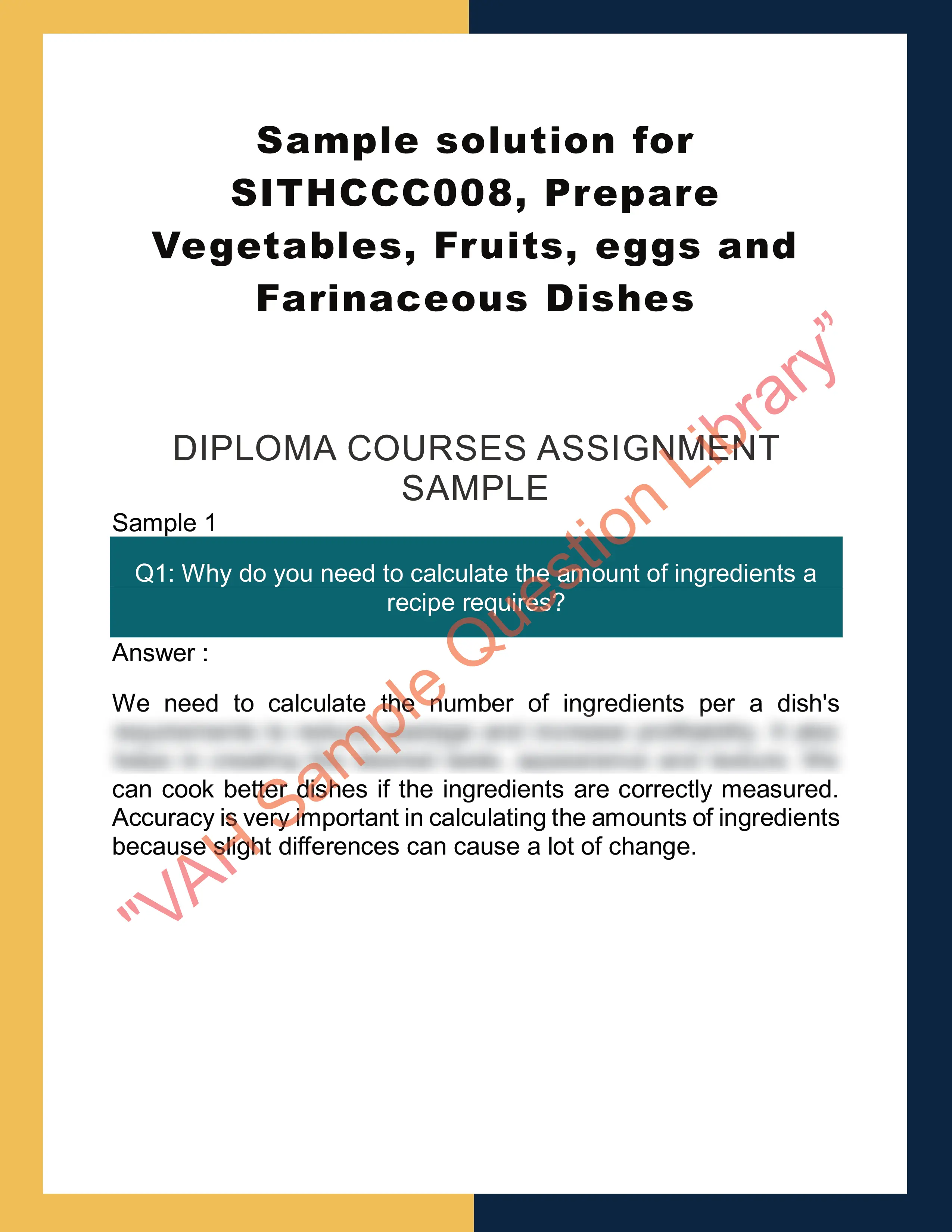 Sample solution for SITHCCC008, Prepare Vegetables, Fruits, eggs and Farinaceous Dishes 0