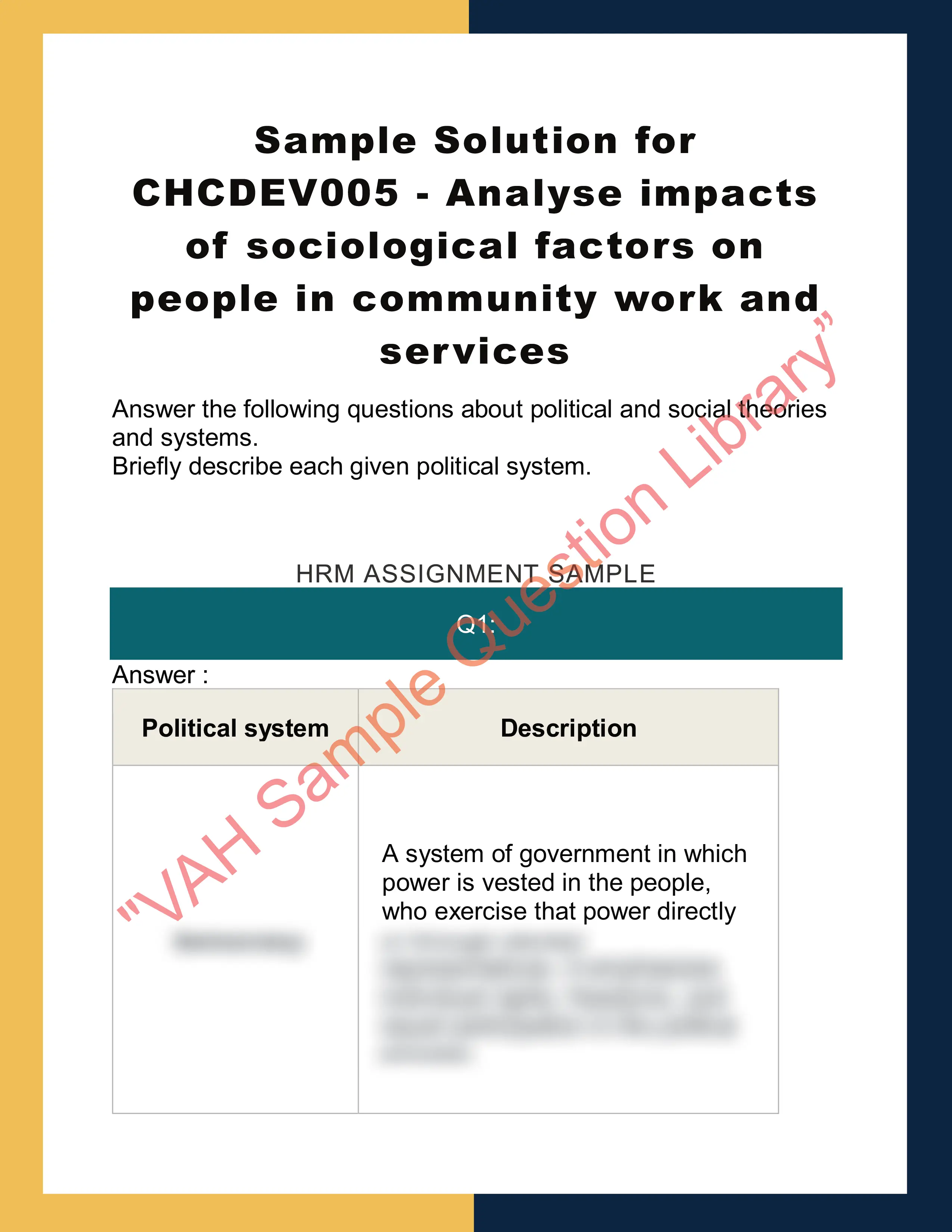 Sample Solution for CHCDEV005 - Analyse impacts of sociological factors on people in community work and services 0
