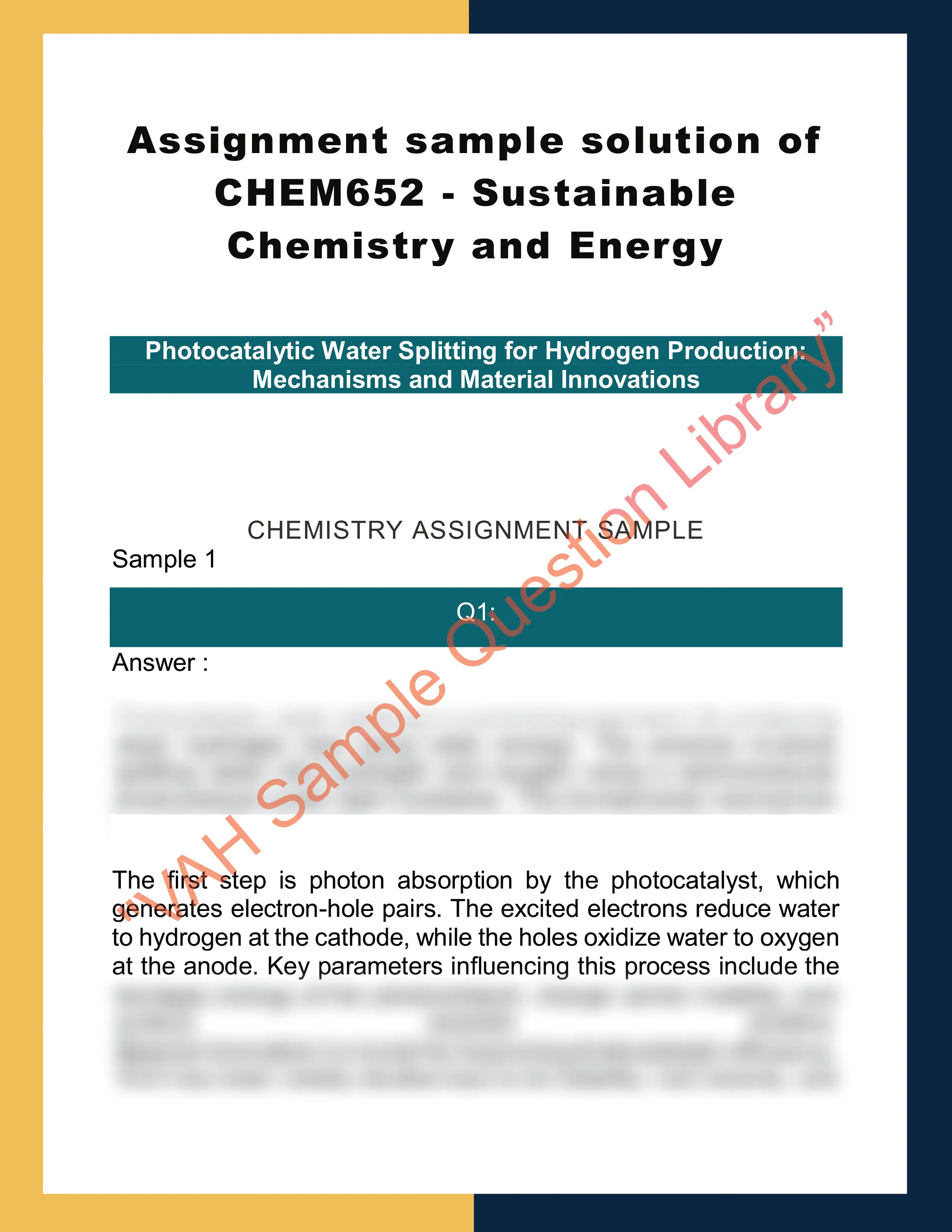 Assignment sample solution of CHEM652 - Sustainable Chemistry and Energy 0