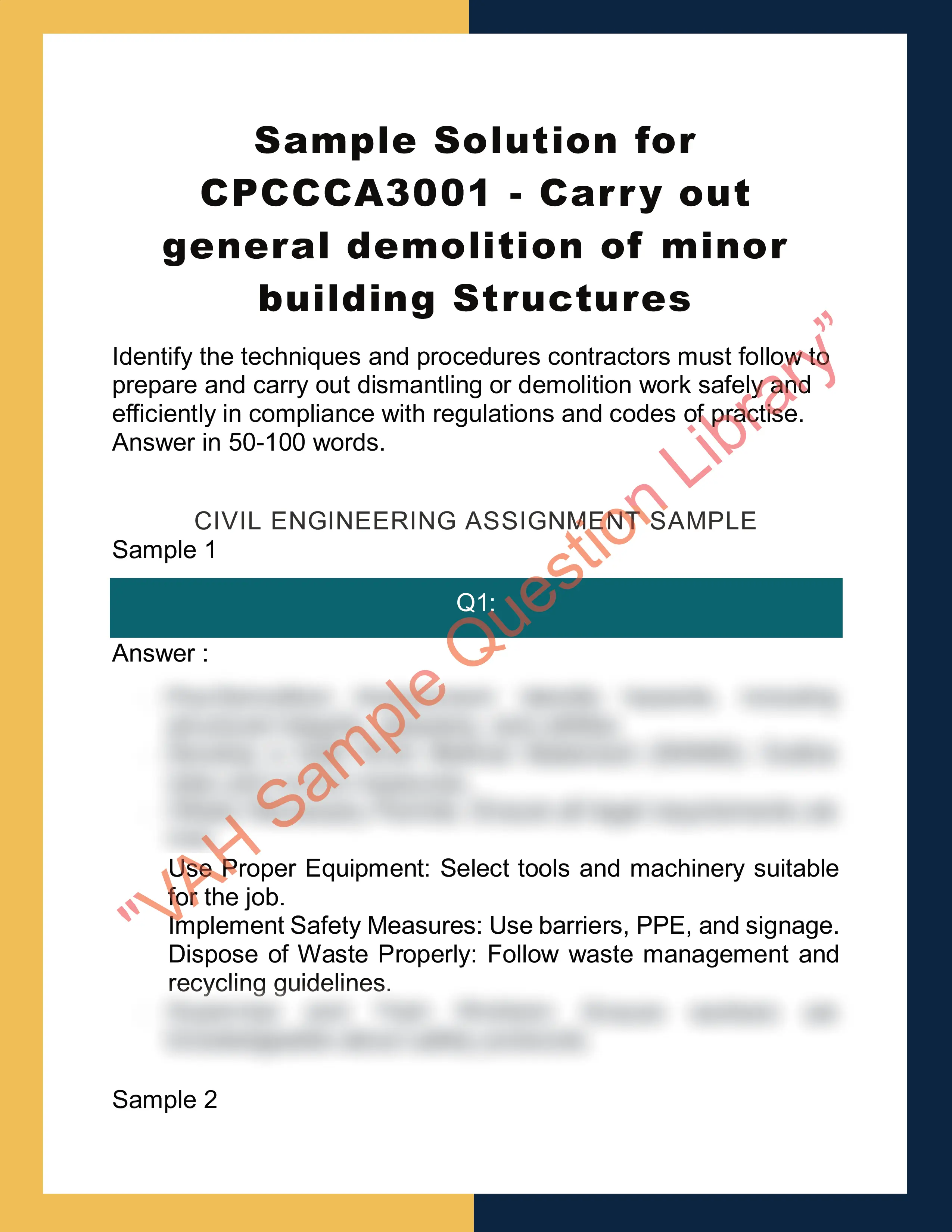Sample Solution for CPCCCA3001 - Carry out general demolition of minor building Structures 0