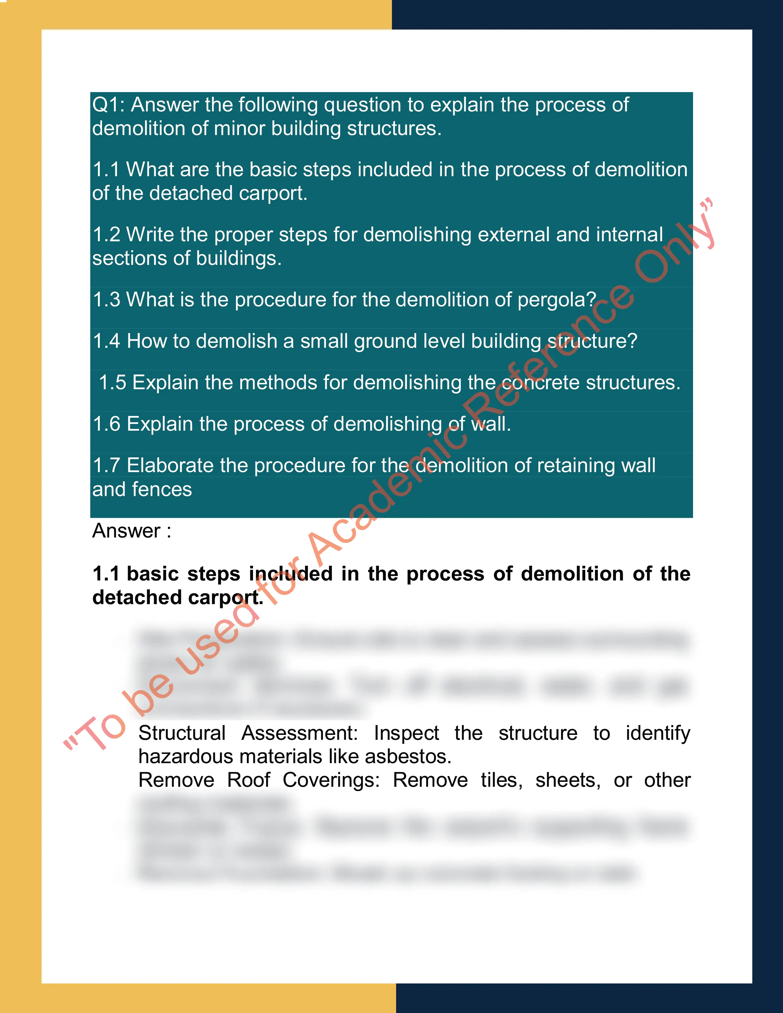 Sample Solution for CPCCCA3001 - Carry out general demolition of minor building Structures 1