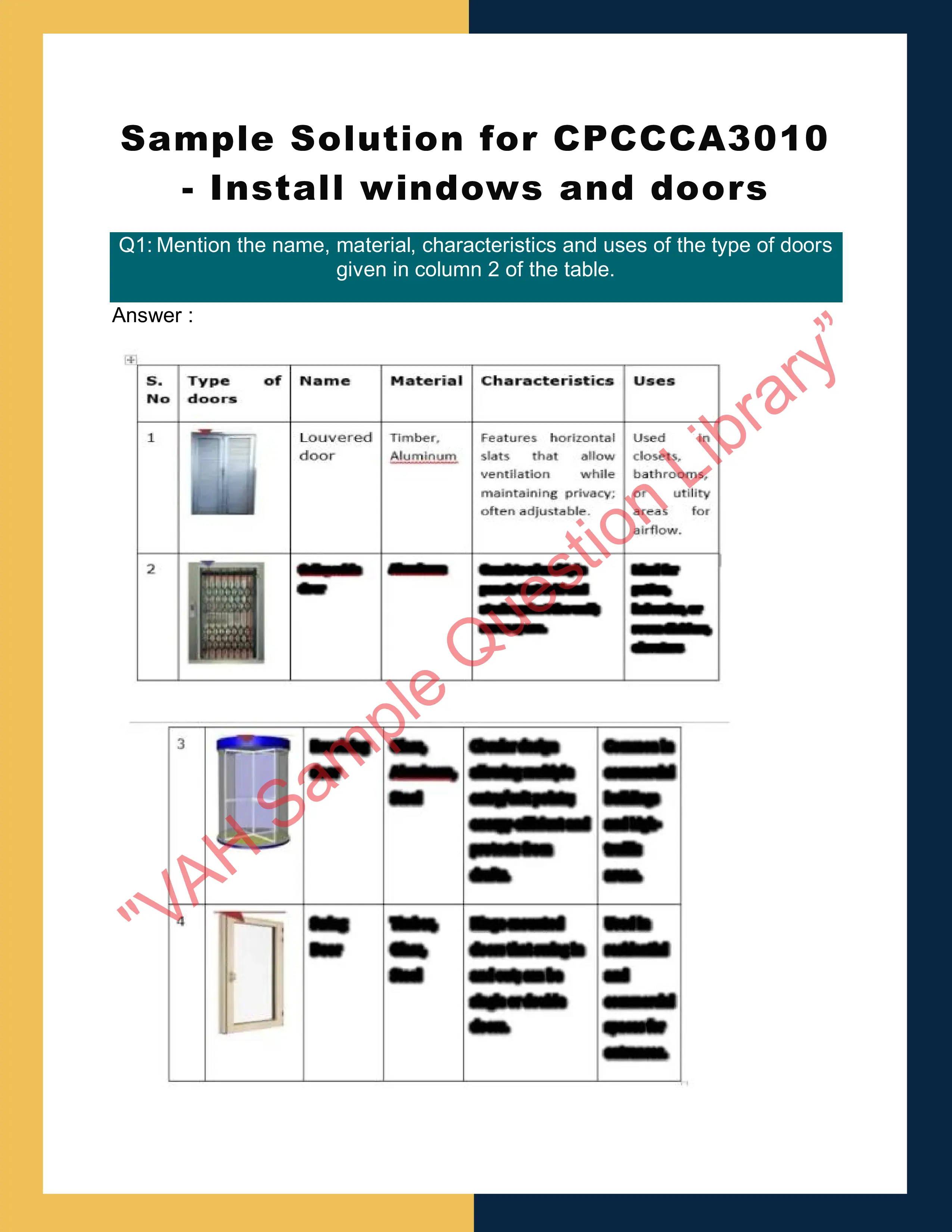 Sample Solution for CPCCCA3010 - Install windows and doors 0