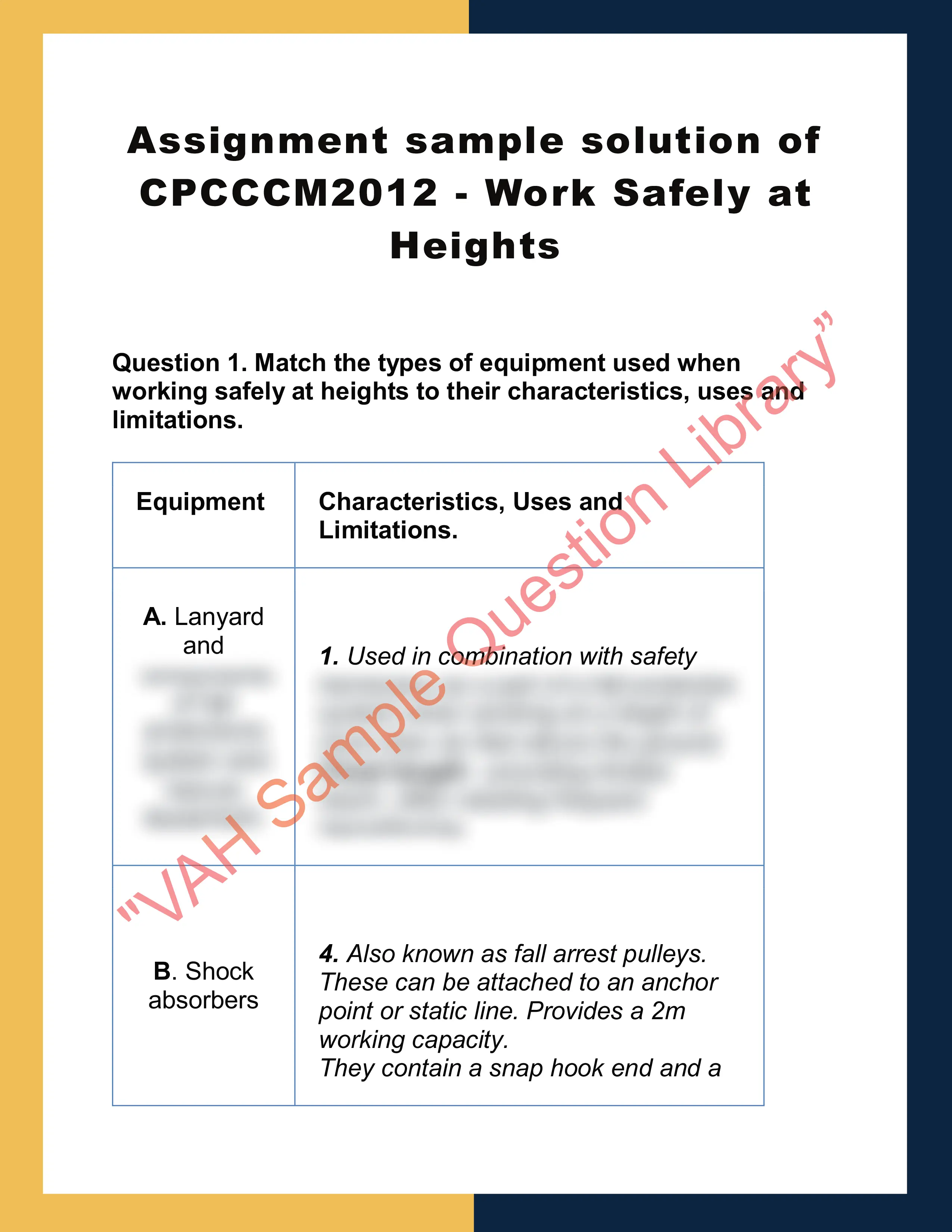 Assignment sample solution of CPCCCM2012 - Work Safely at Heights 0