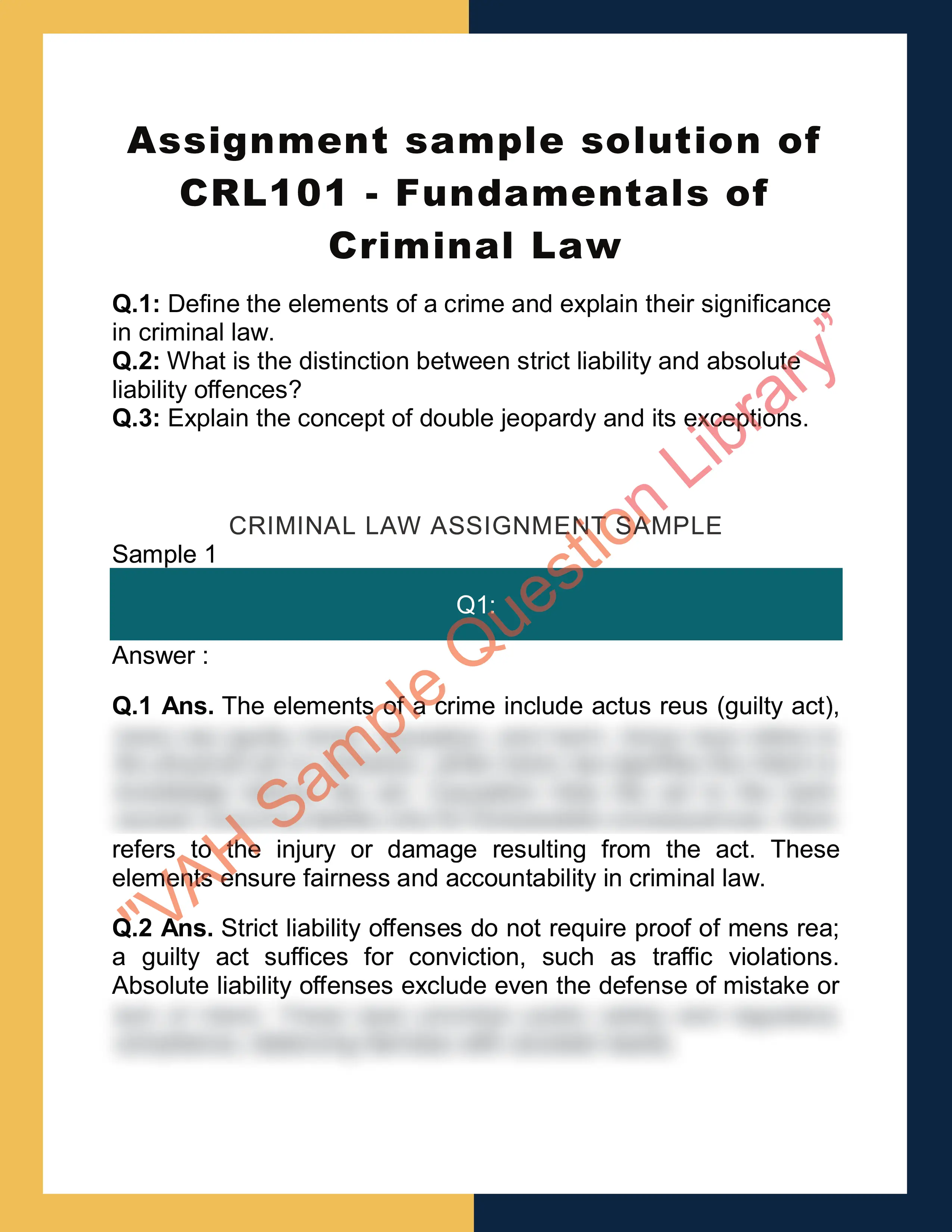 Assignment sample solution of CRL101 - Fundamentals of Criminal Law 0