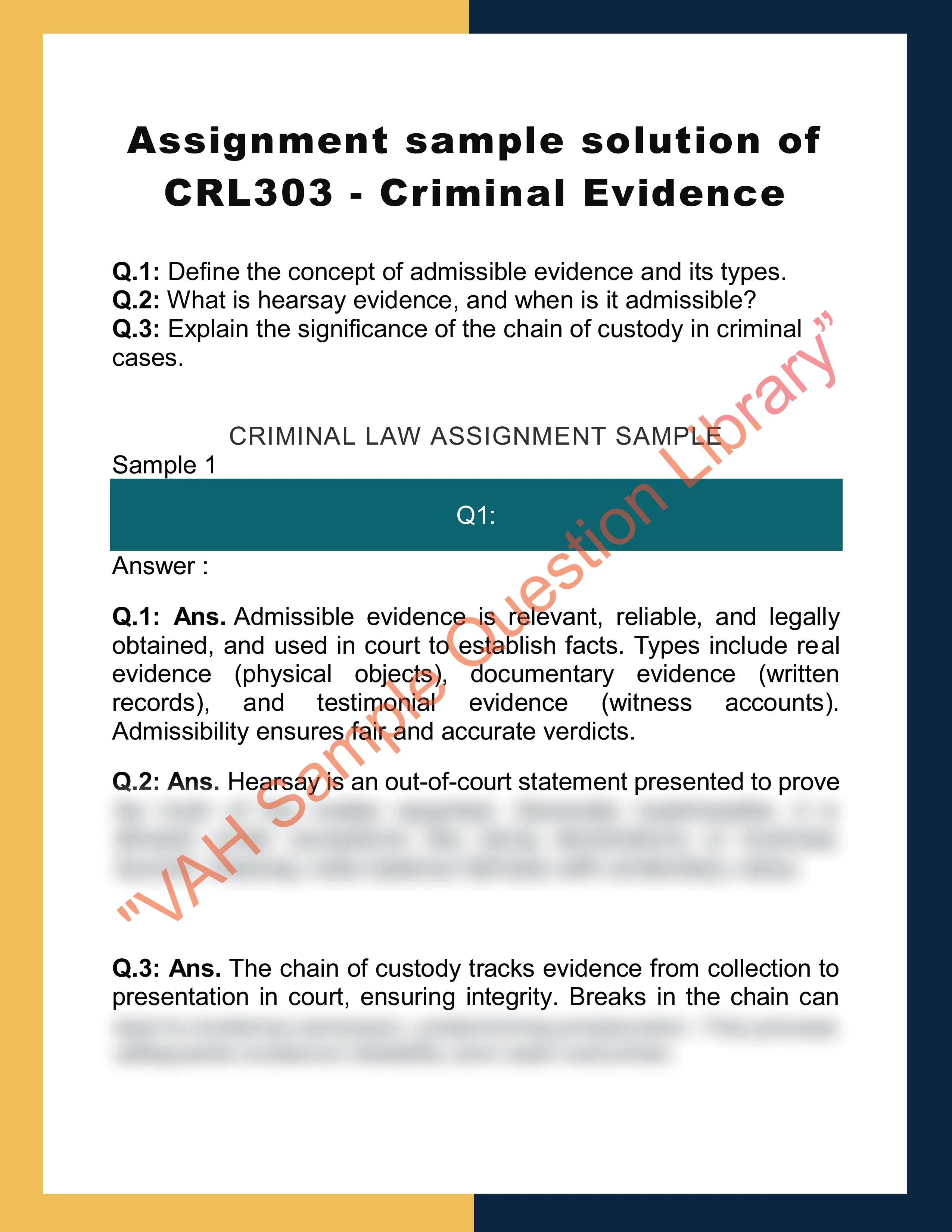 Assignment sample solution of CRL303 - Criminal Evidence 0