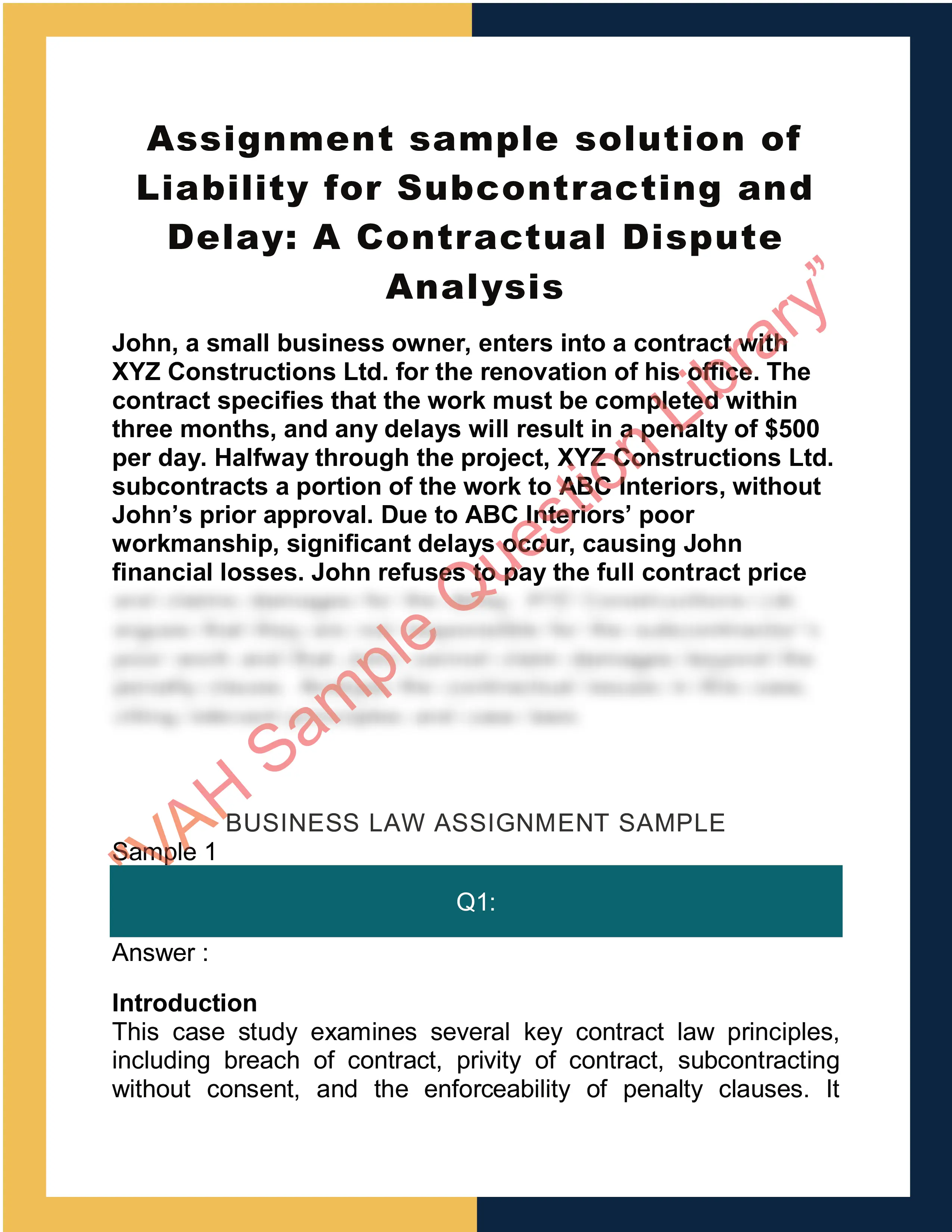 Assignment sample solution of Liability for Subcontracting and Delay: A Contractual Dispute Analysis 0