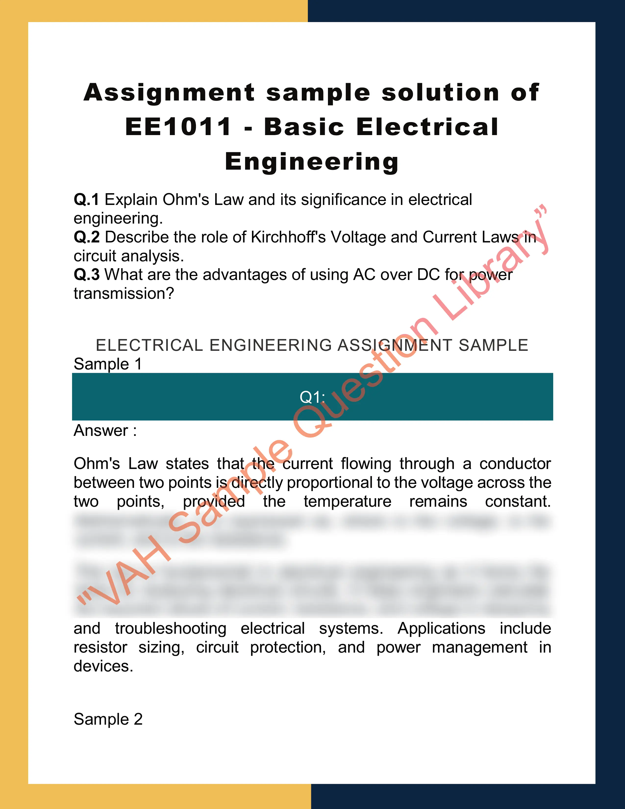 Assignment sample solution of EE1011 - Basic Electrical Engineering 0