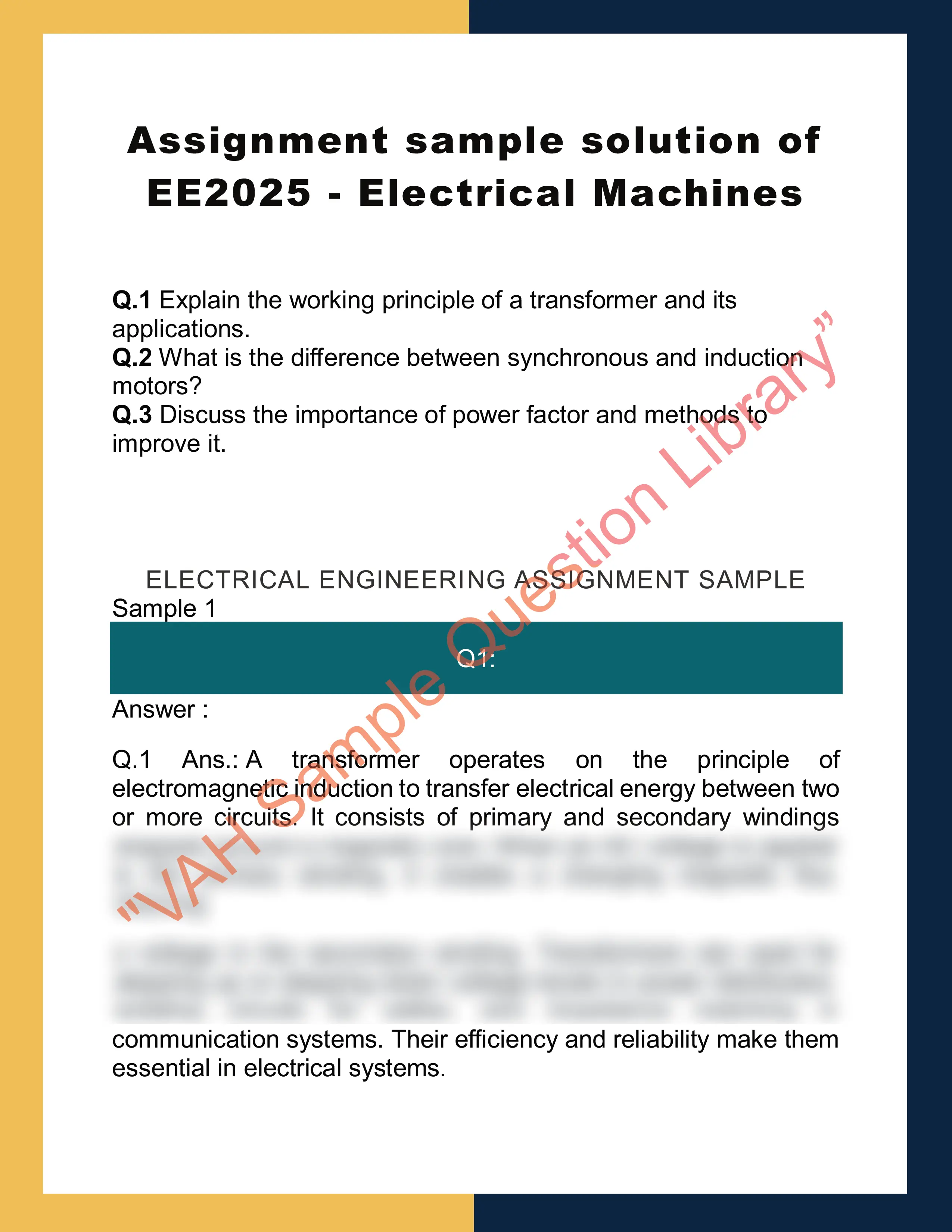 Assignment sample solution of EE2025 - Electrical Machines 0