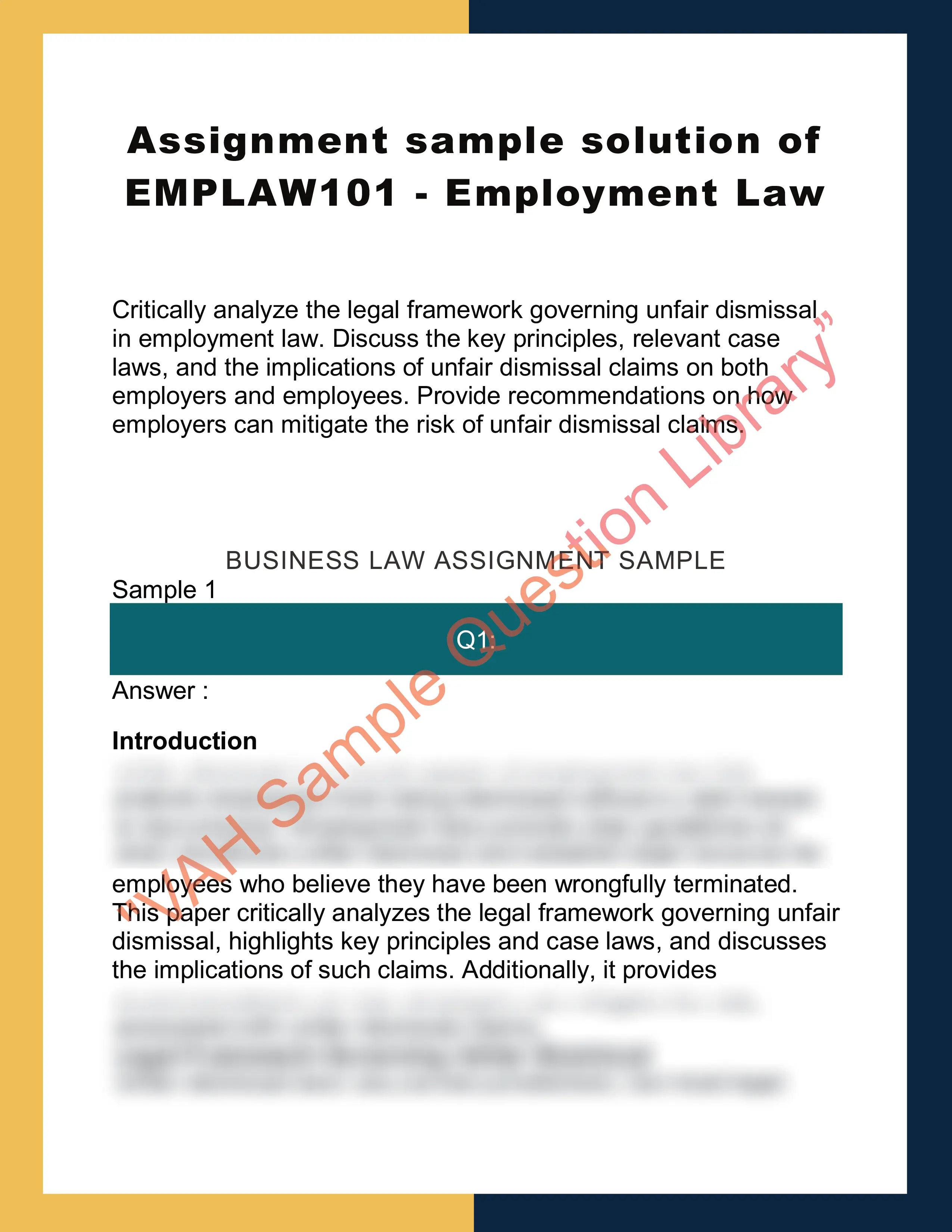 Assignment sample solution of EMPLAW101 - Employment Law 0
