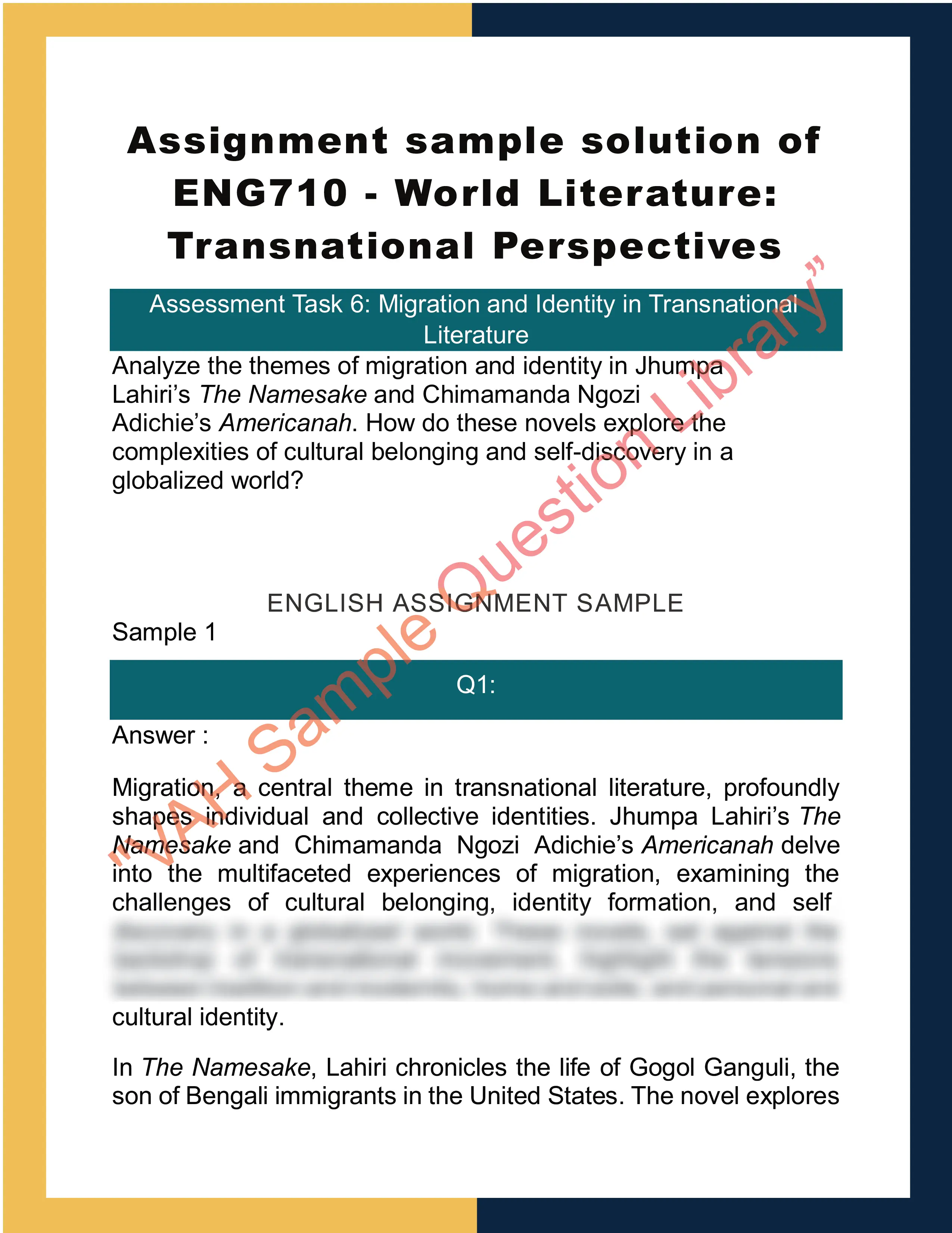 Assignment sample solution of ENG710 - World Literature: Transnational Perspectives 0