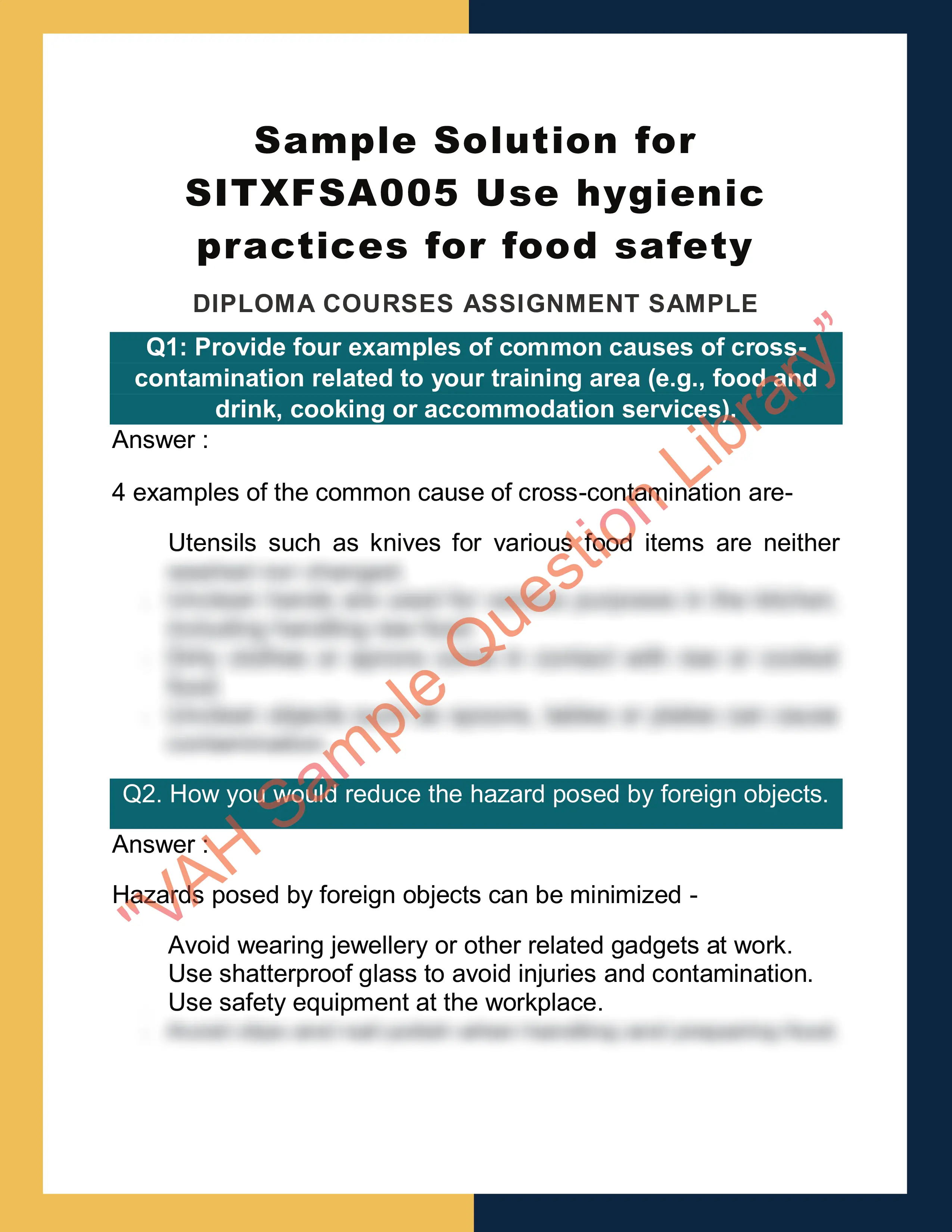 Sample Solution for SITXFSA005 Use hygienic practices for food safety 0