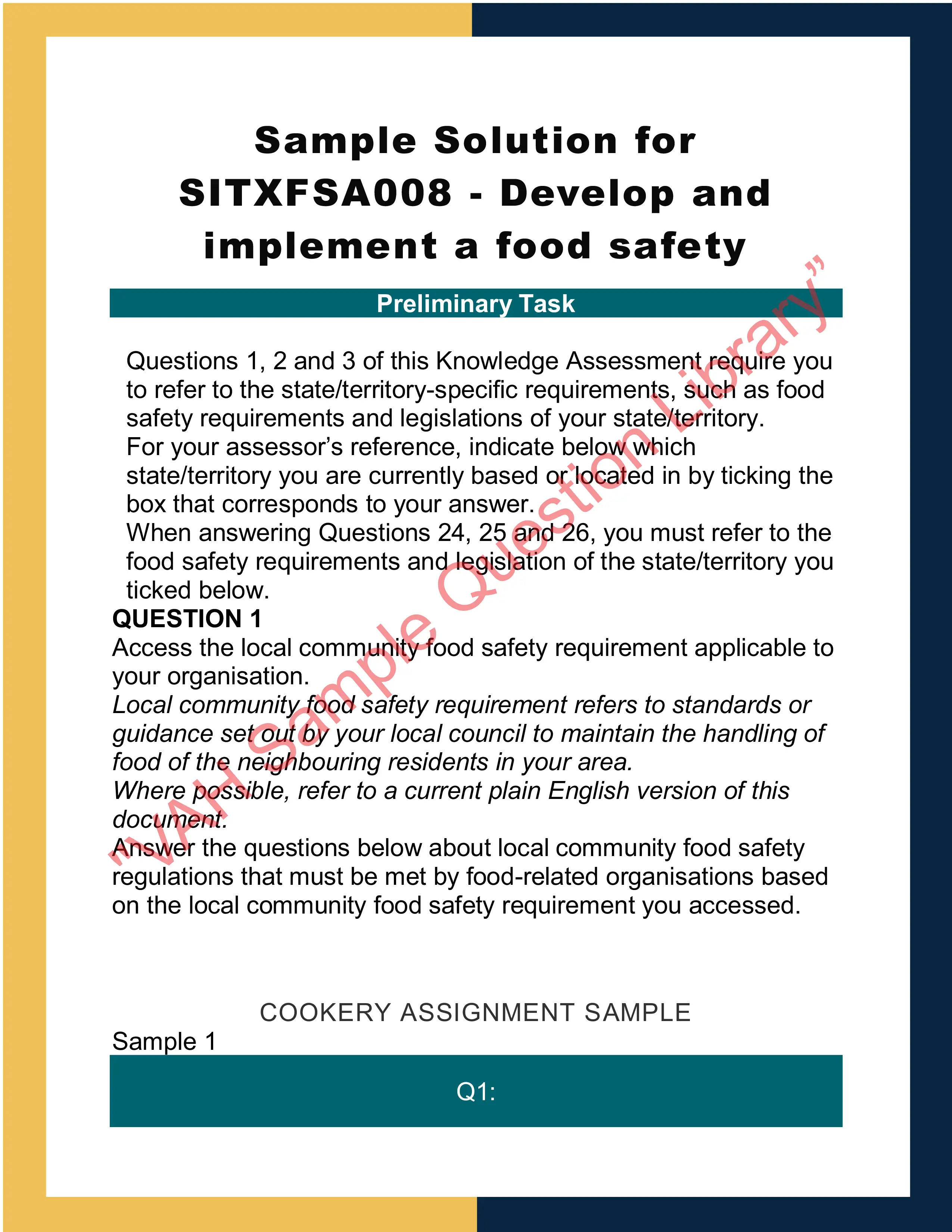 Sample Solution forSITXFSA008 - Develop and implement a food safety 0