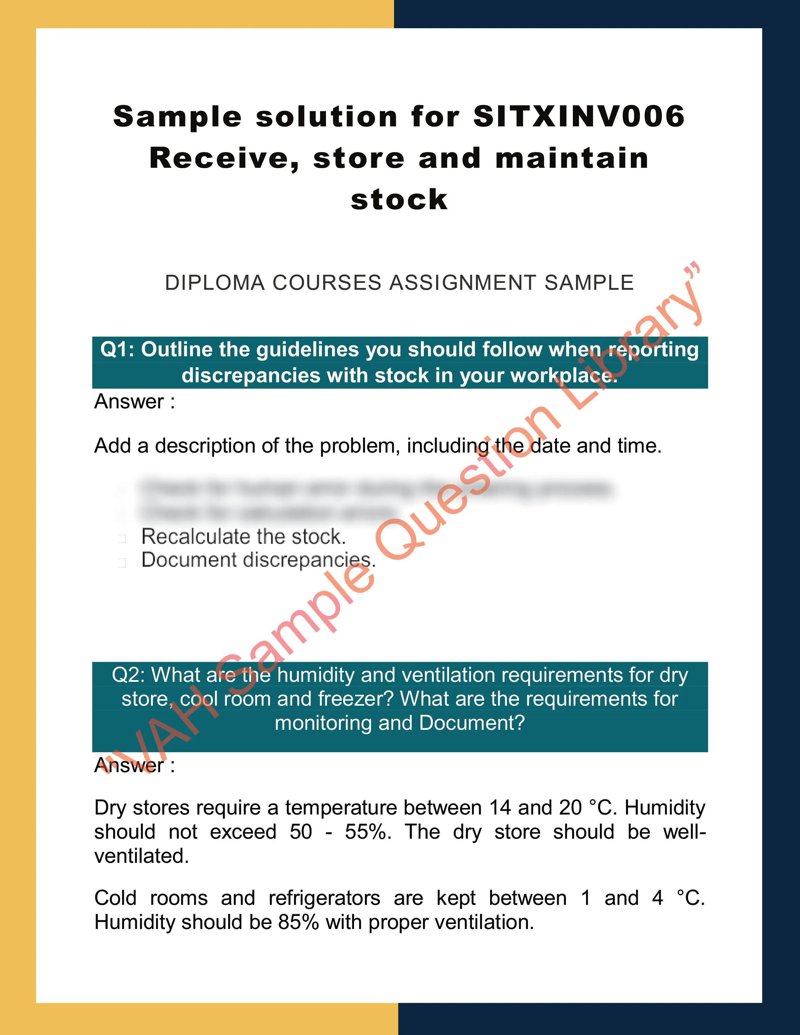 Sample solution for SITXINV006 Receive, store and maintain stock 0