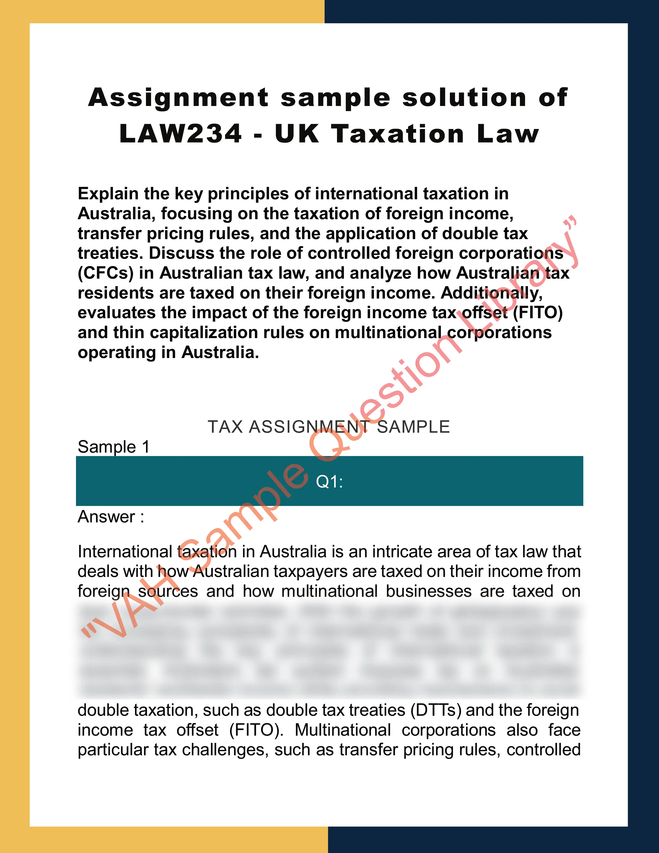 Assignment sample solution of LAW234 - UK Taxation Law 0