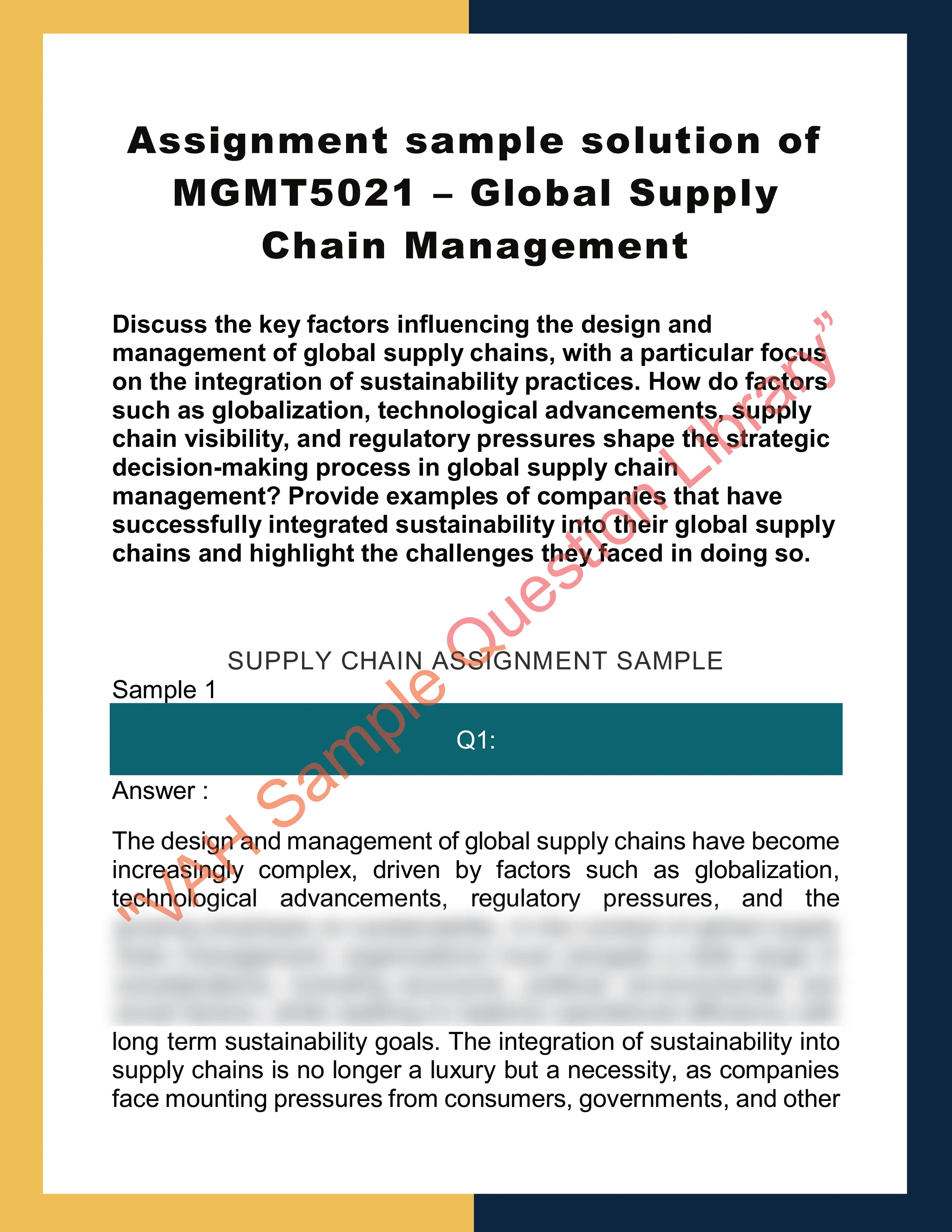 Assignment sample solution of MGMT5021 – Global Supply Chain Management 0