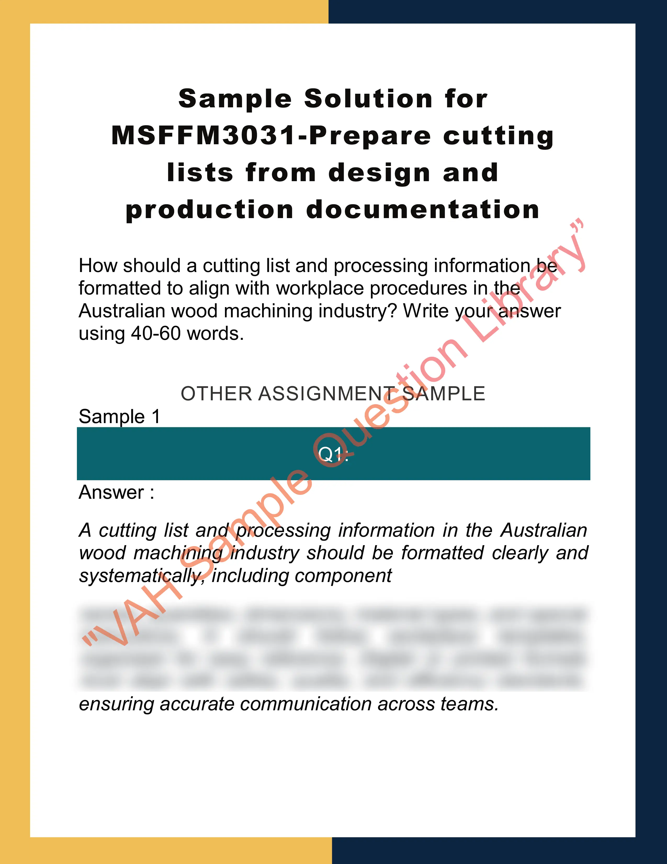 Sample Solution for MSFFM3031-Prepare cutting lists from design and production documentation 0