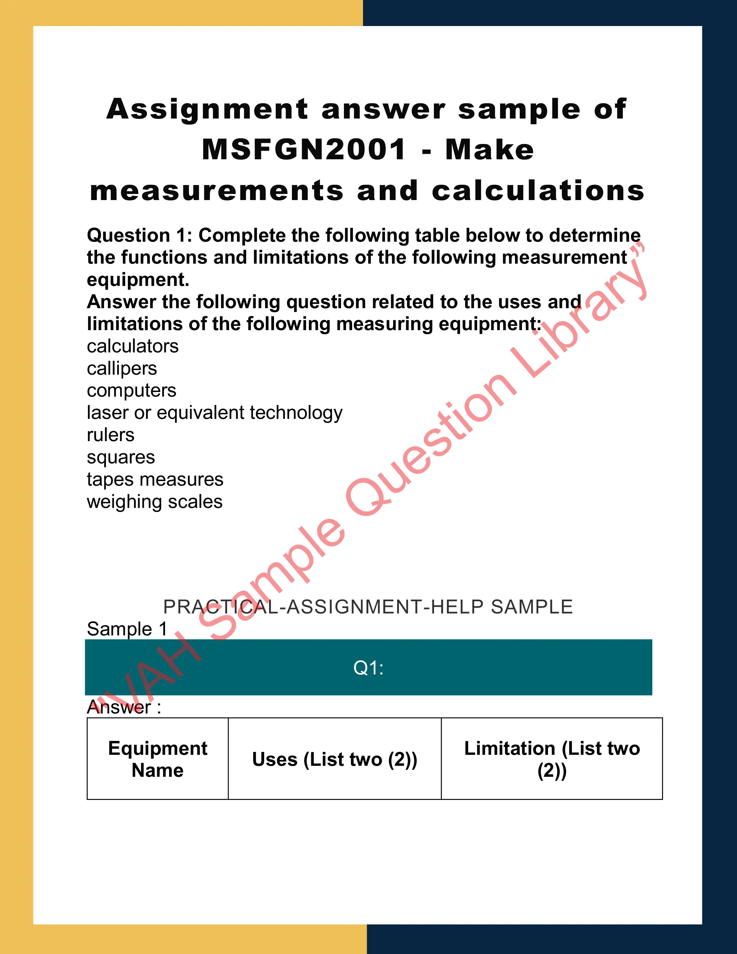 Assignment answer sample of MSFGN2001 - Make measurements and calculations 0