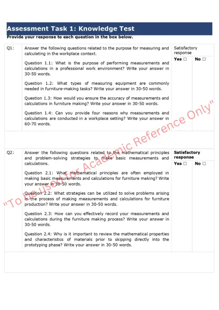 Assignment question sample of MSFGN2001 - Make measurements and calculations 1