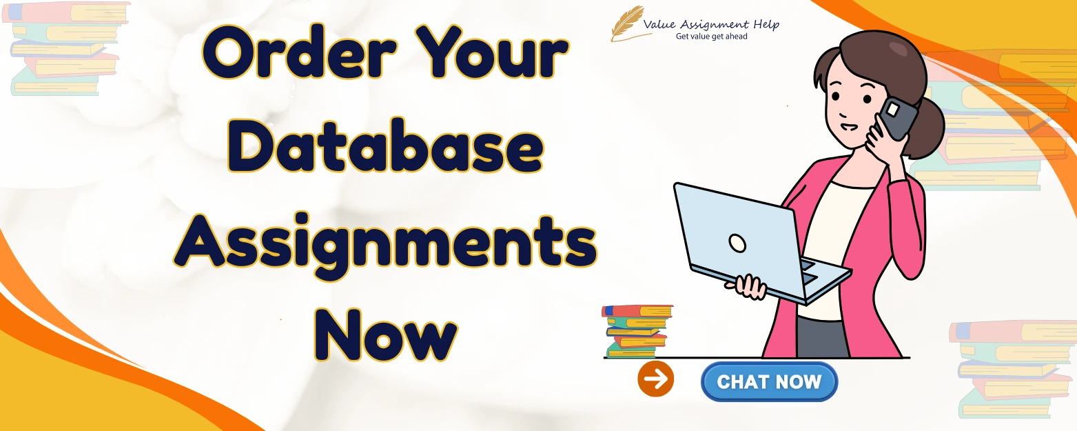 Database assignment order banner with student illustration and Chat Now button