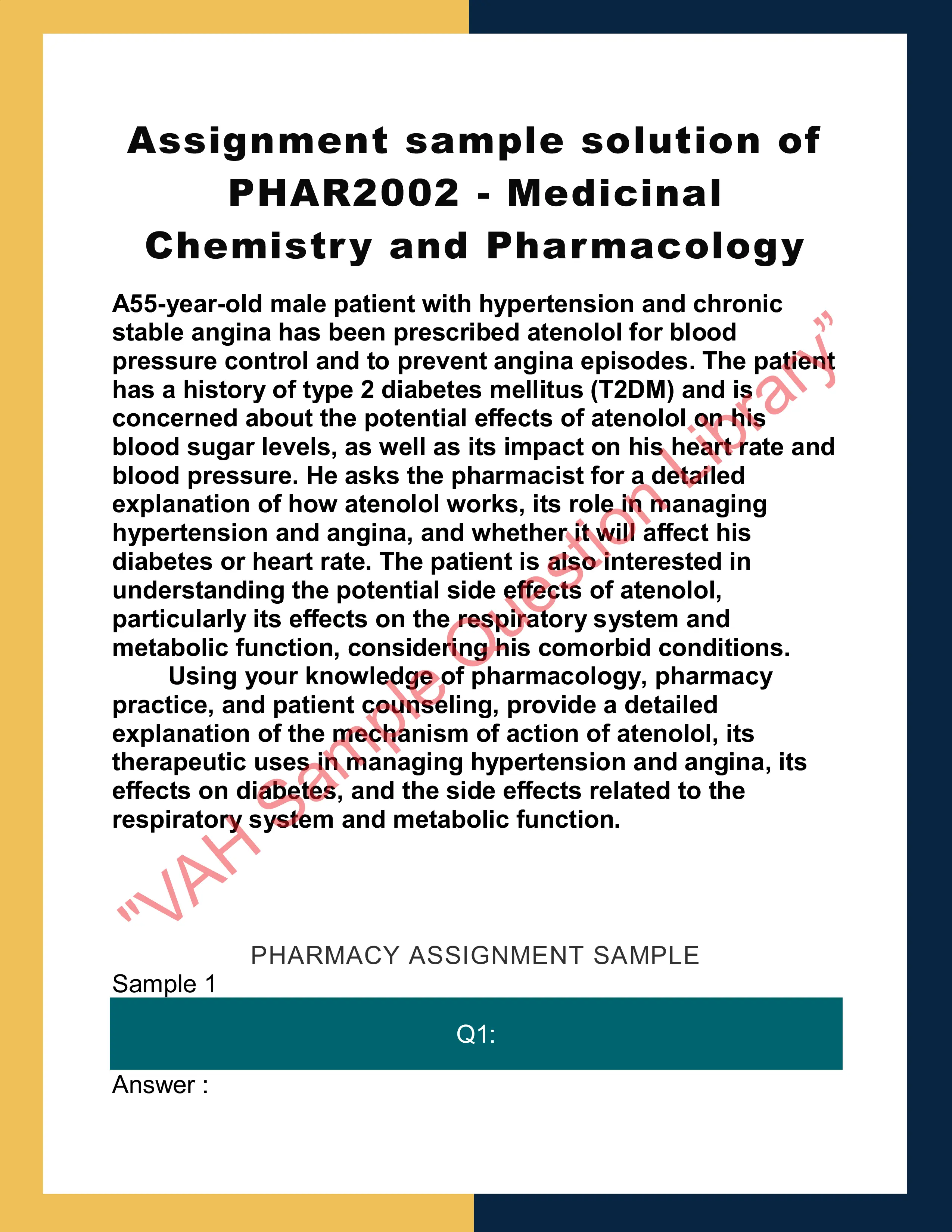 Assignment sample solution of PHAR2002 - Medicinal Chemistry and Pharmacology 0