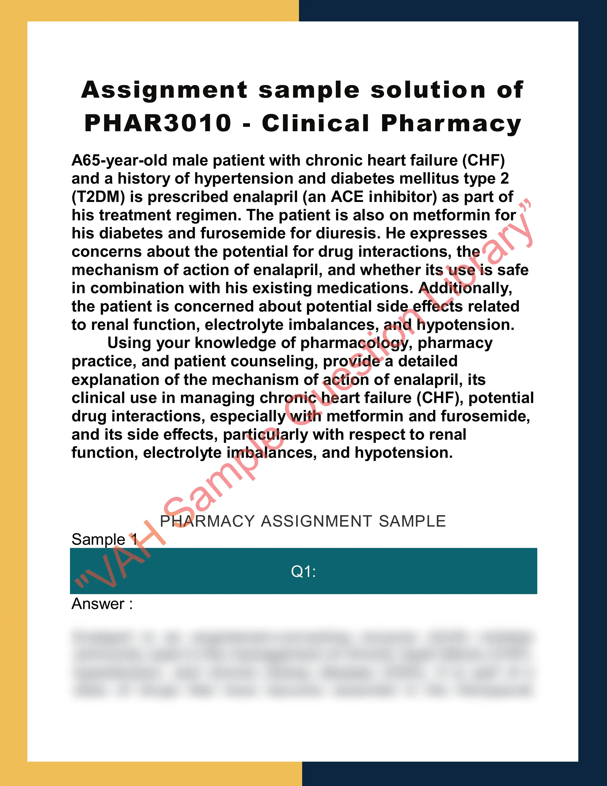Assignment sample solution of PHAR3010 - Clinical Pharmacy 0