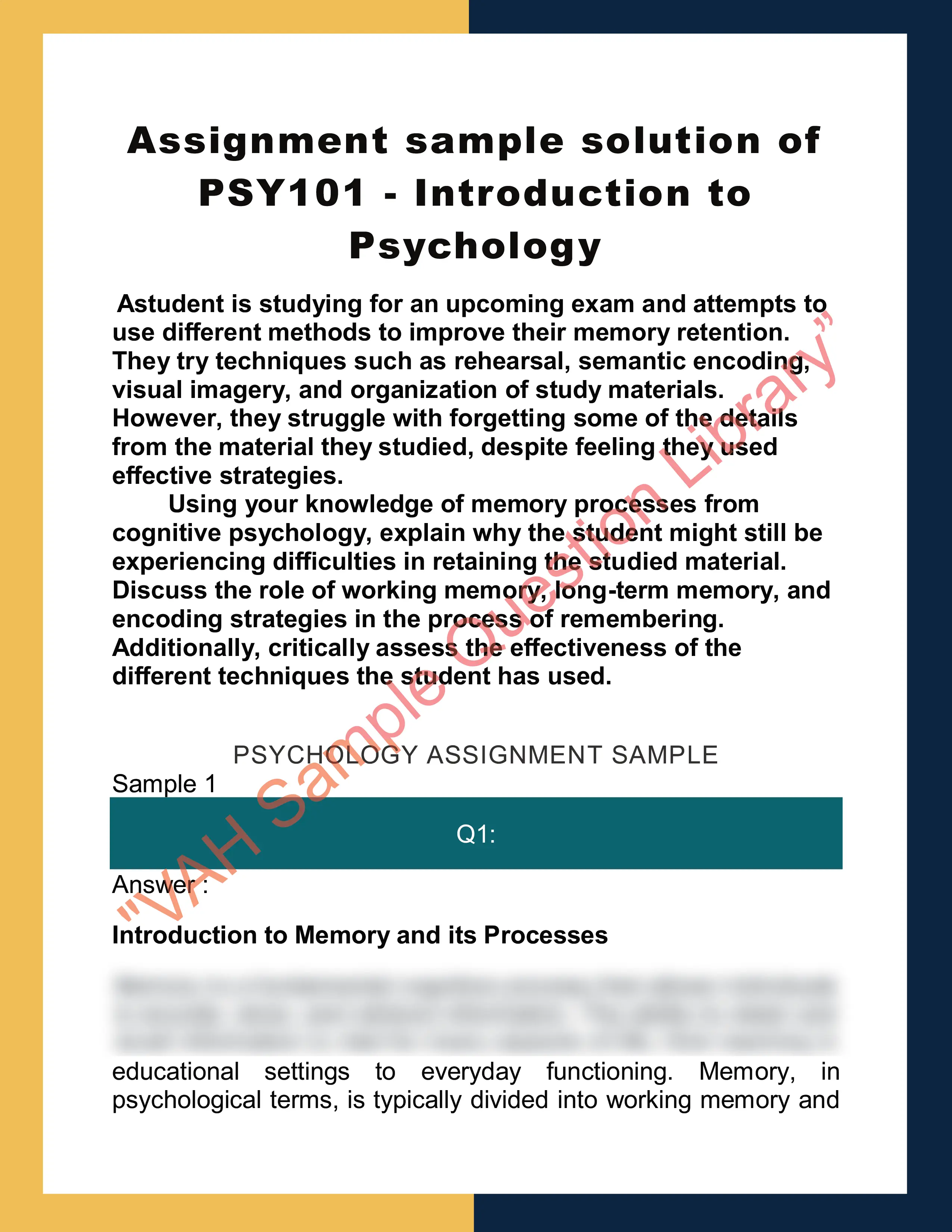 Assignment sample solution of PSY101 - Introduction to Psychology 0