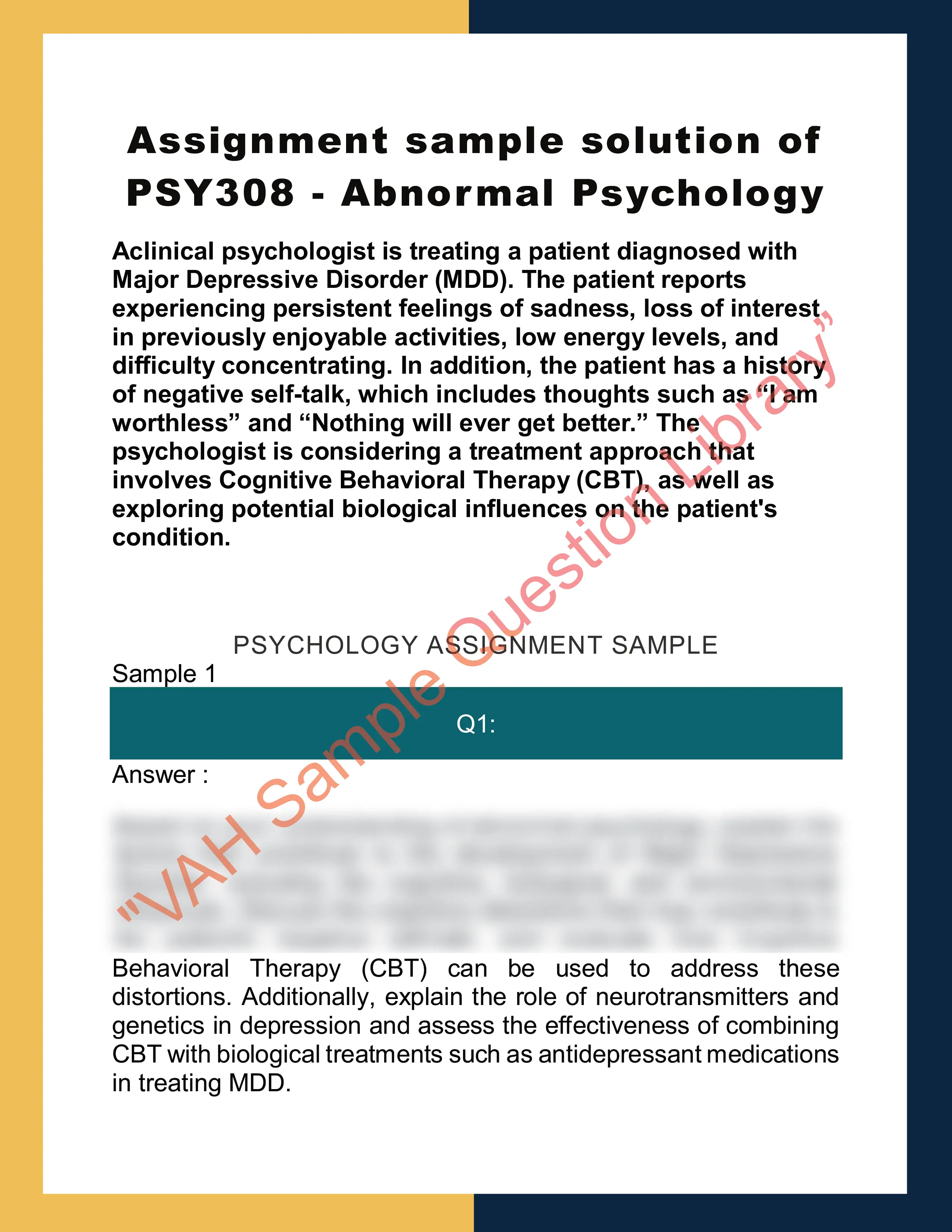Assignment sample solution of PSY308 - Abnormal Psychology 0