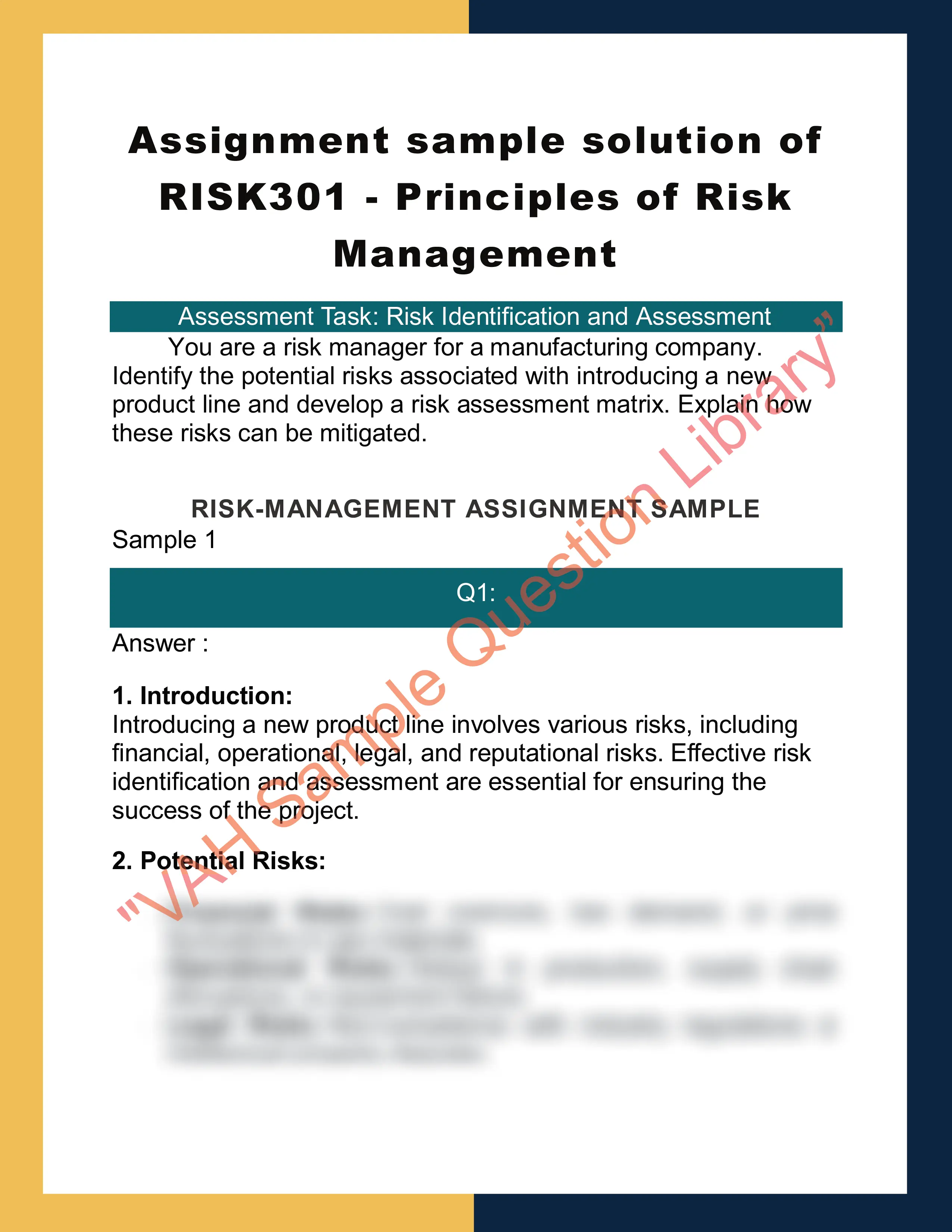 Assignment sample solution of RISK301 - Principles of Risk Management 0