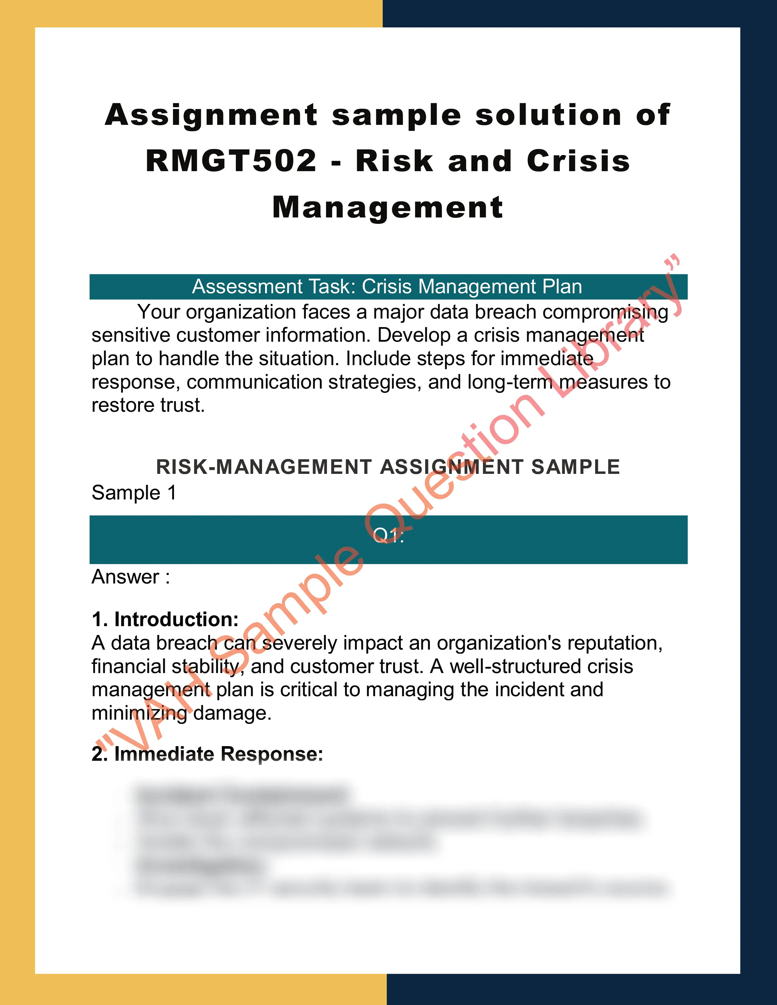 Assignment sample solution of RMGT502 - Risk and Crisis Management 0