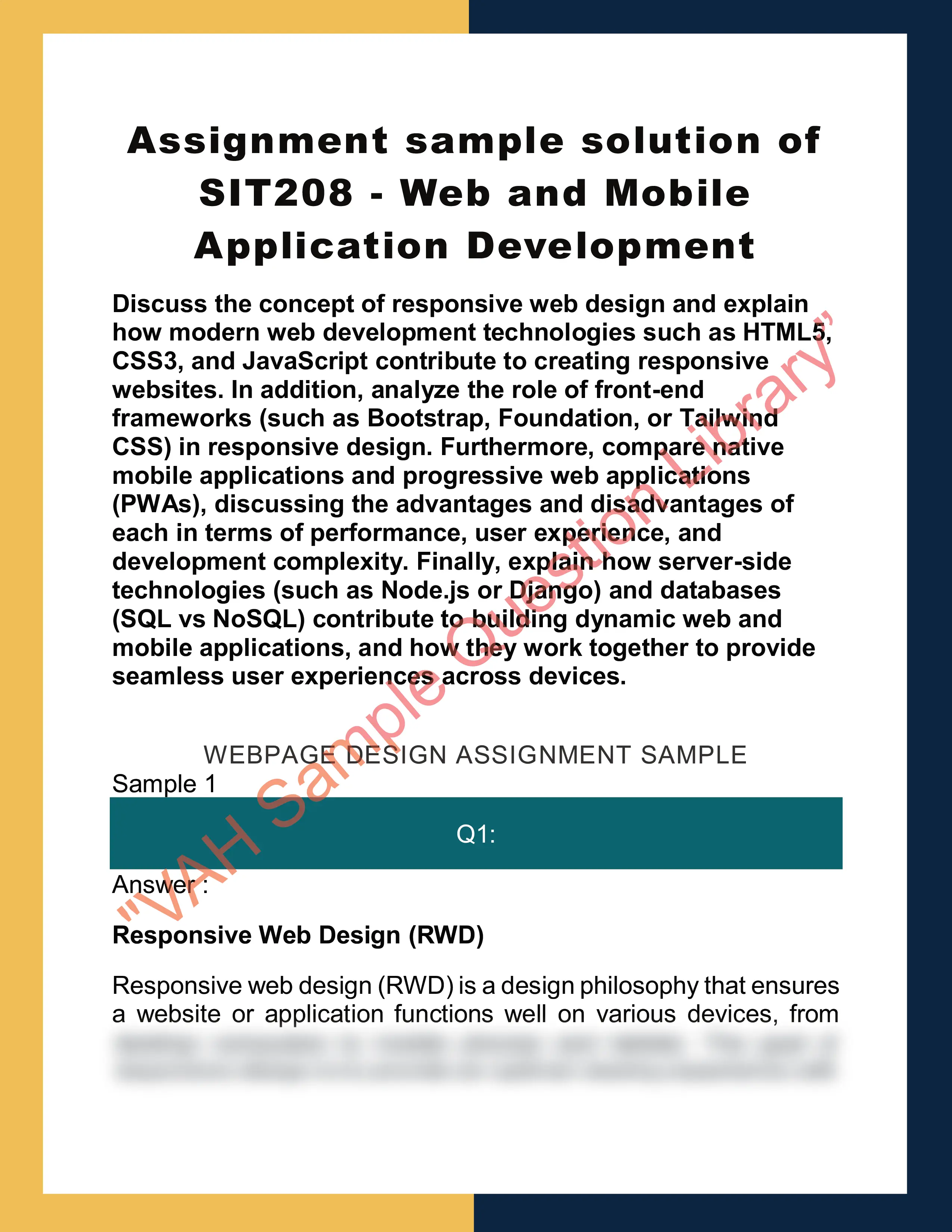 Assignment sample solution of SIT208 -  Web and Mobile Application Development 0