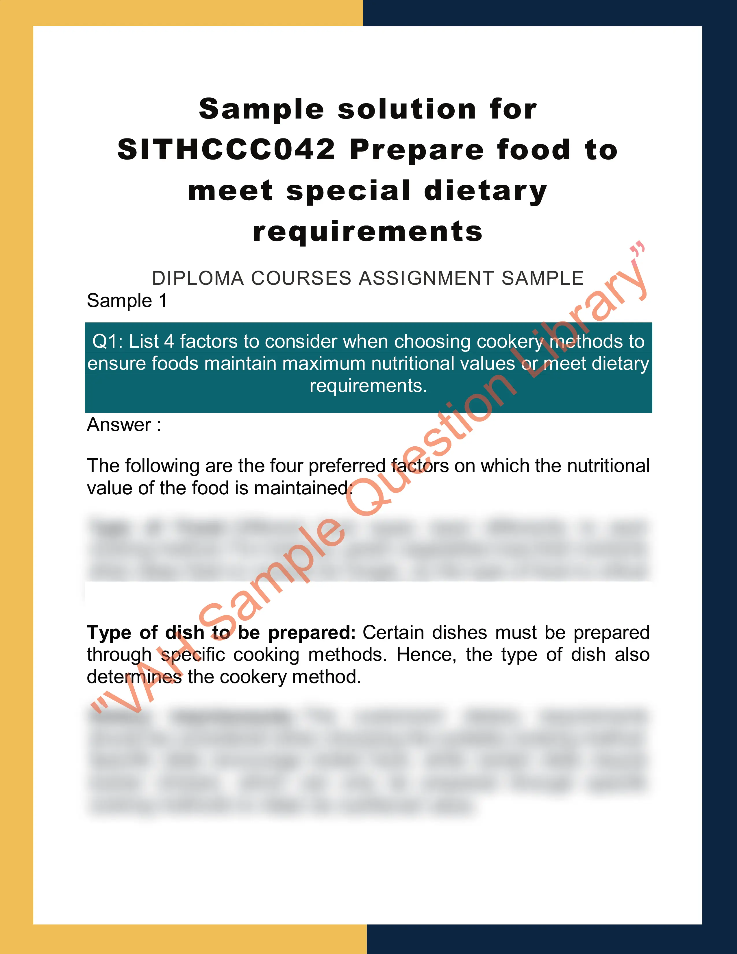 Sample solution for SITHCCC042 Prepare food to meet special dietary requirements 0
