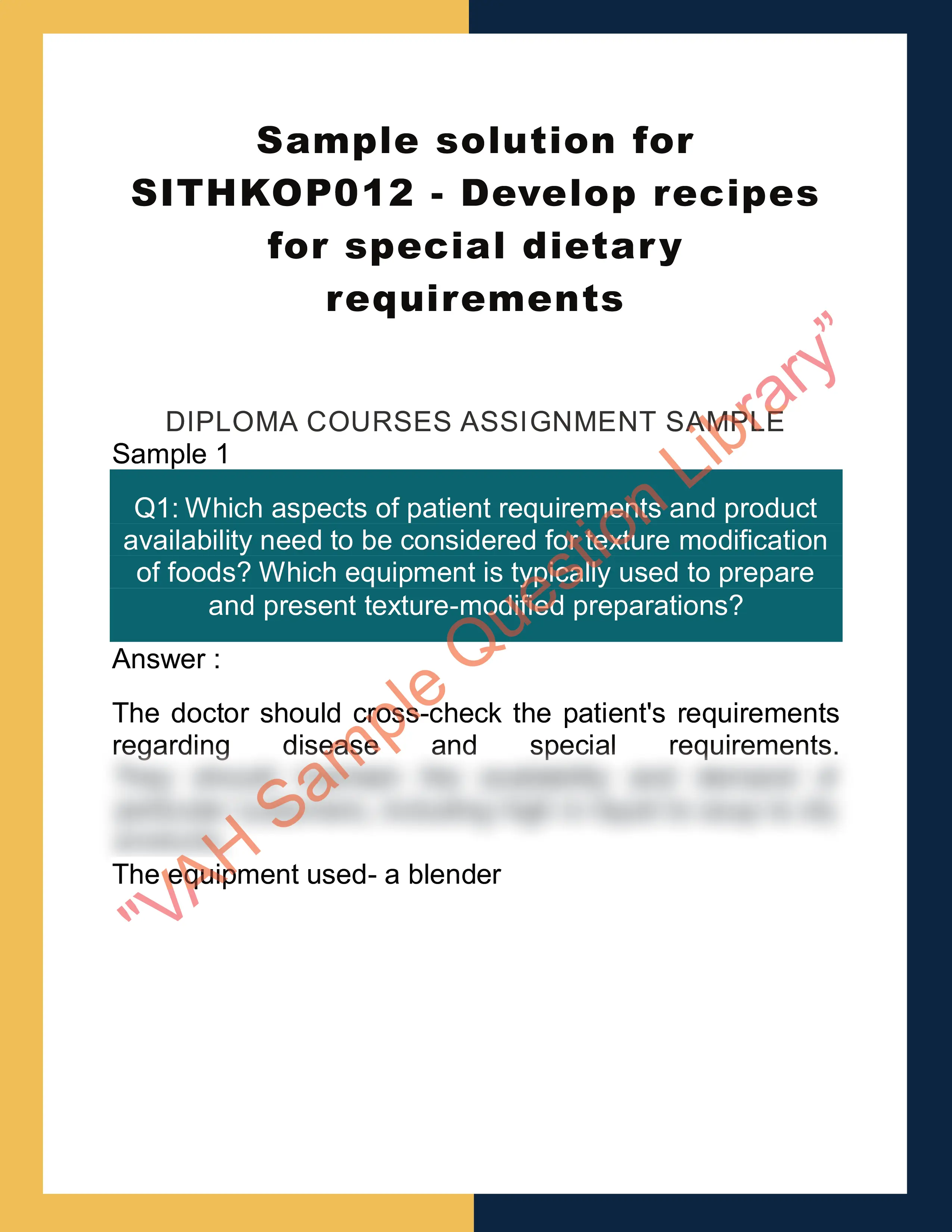 Sample solution for SITHKOP012 - Develop recipes for special dietary requirements 0