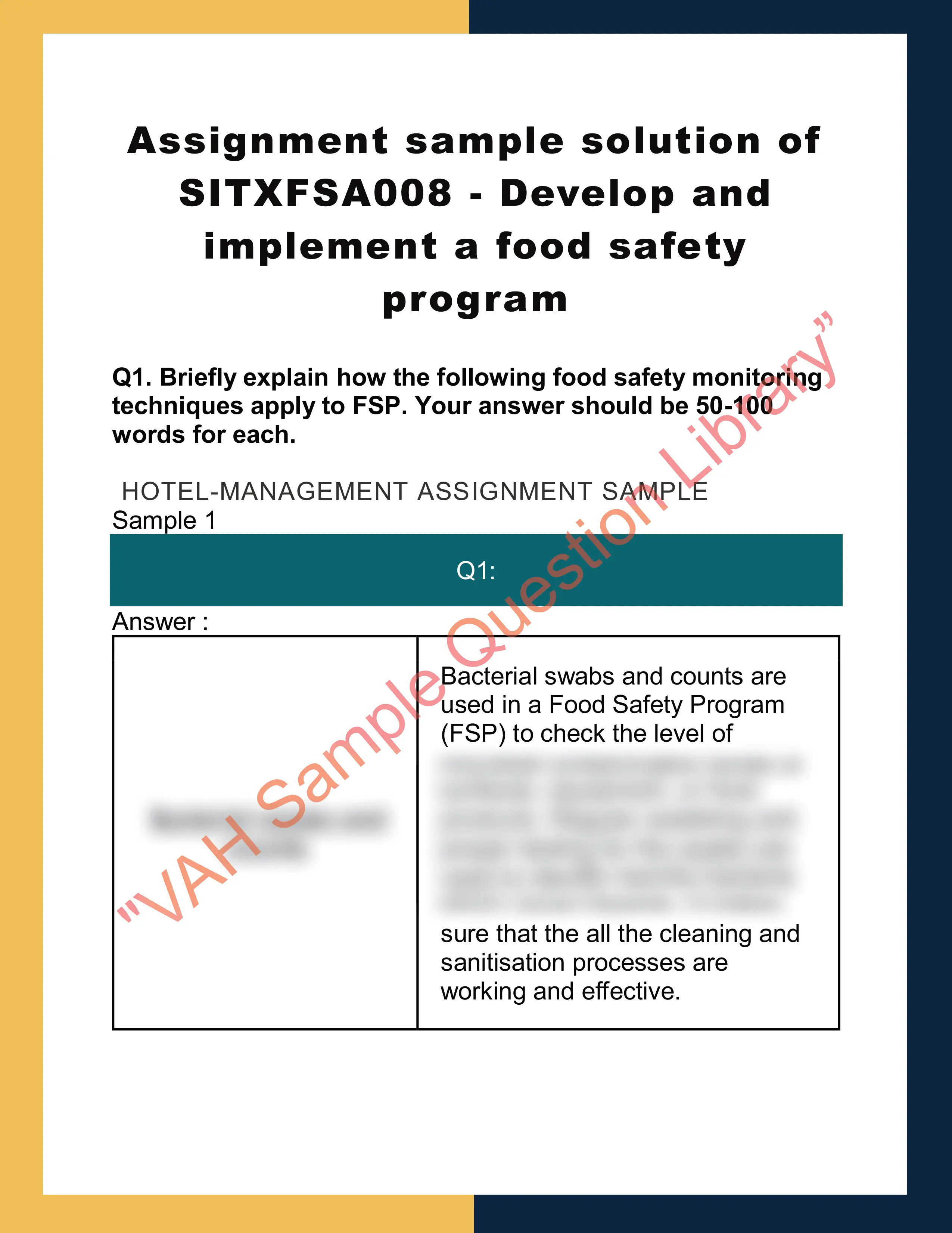 Assignment sample solution of SITXFSA008 - Develop and implement a food safety program 0