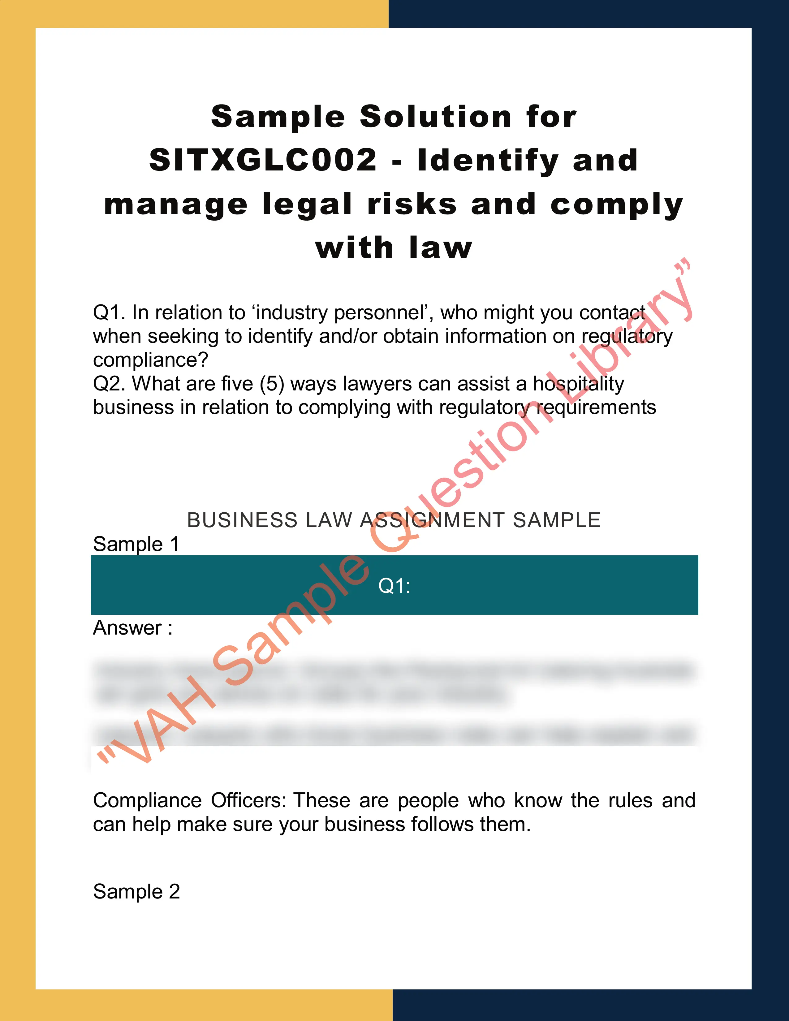 Sample Solution for SITXGLC002 - Identify and manage legal risks and comply with law 0