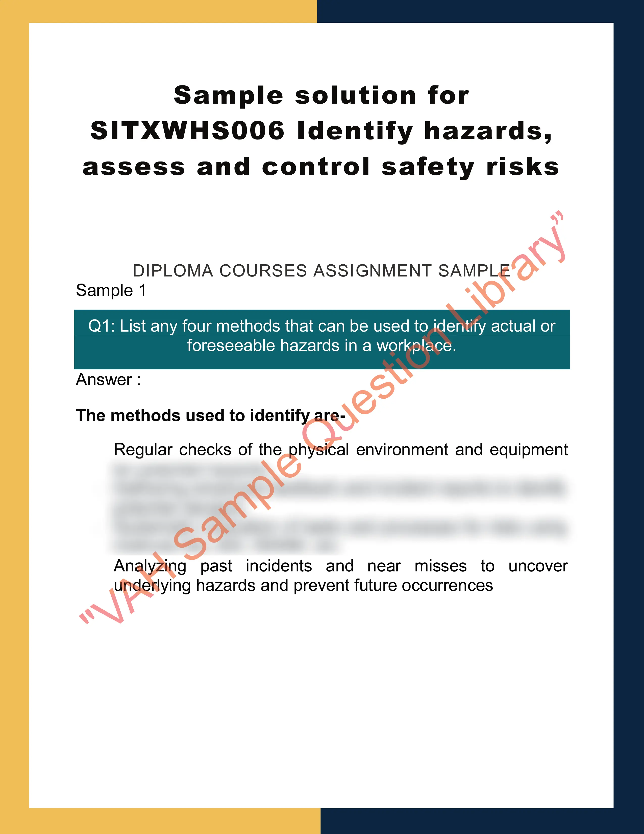 Sample solution for SITXWHS006 Identify hazards, assess and control safety risks 0