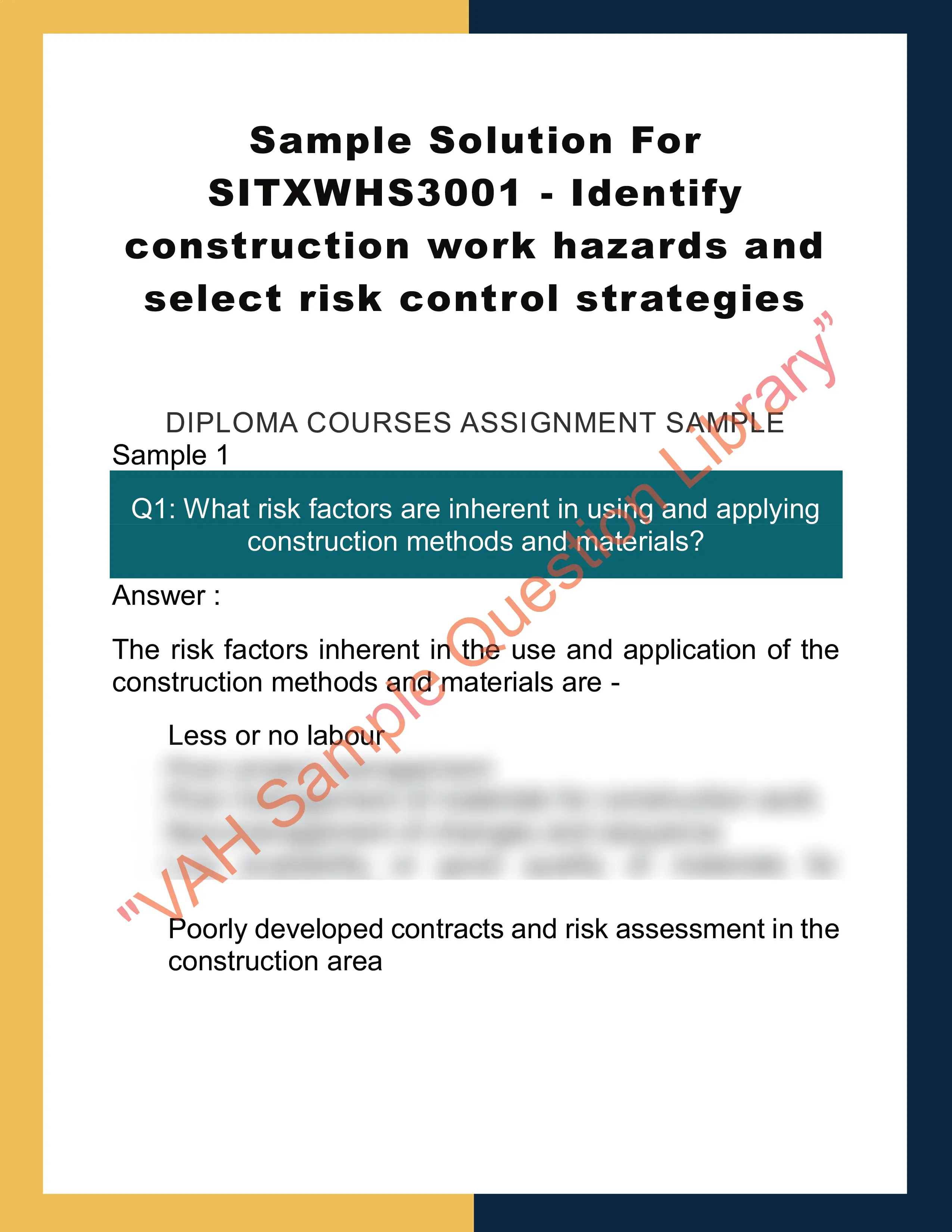 Sample Solution For SITXWHS3001 - Identify construction work hazards and select risk control strategies 0