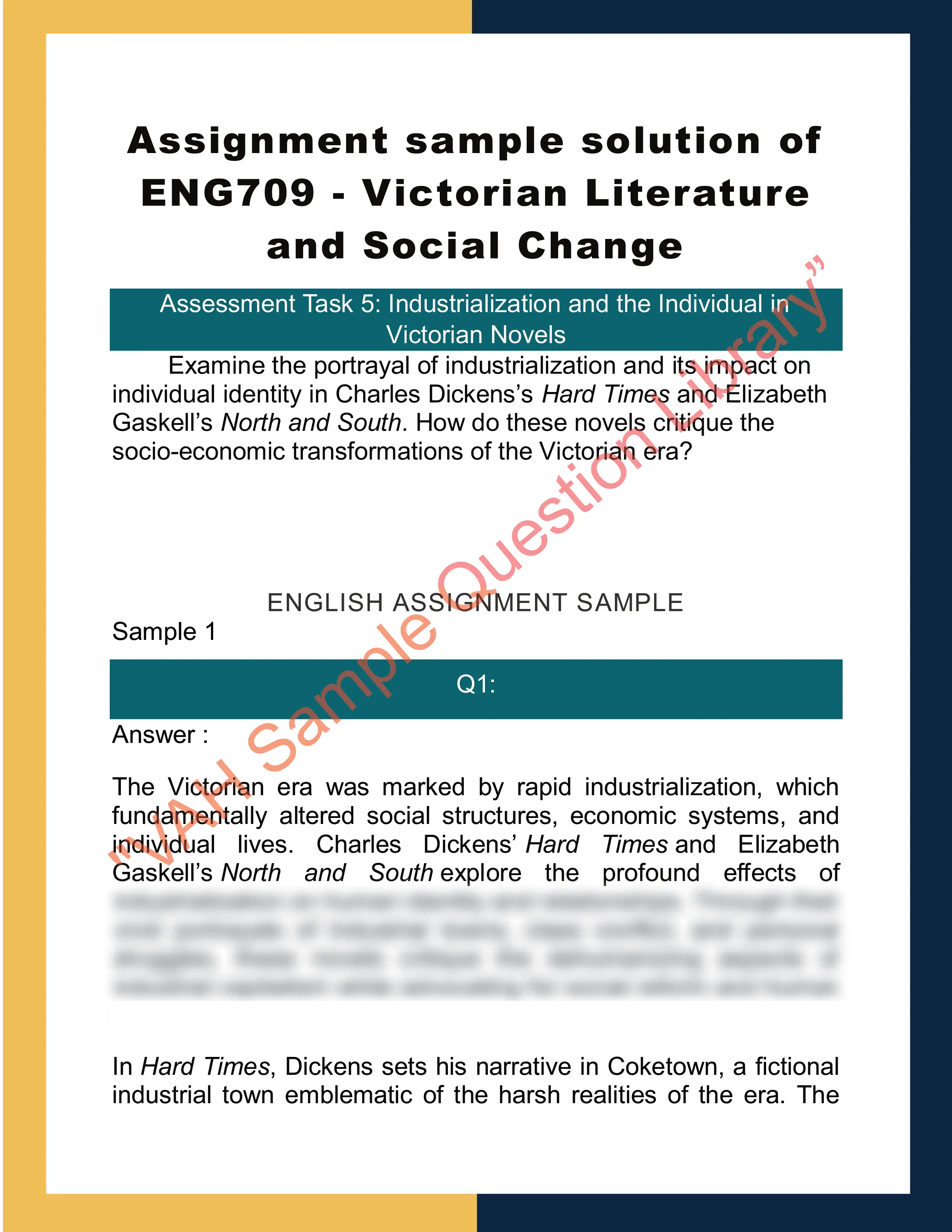 Assignment sample solution of ENG709 - Victorian Literature and Social Change 0