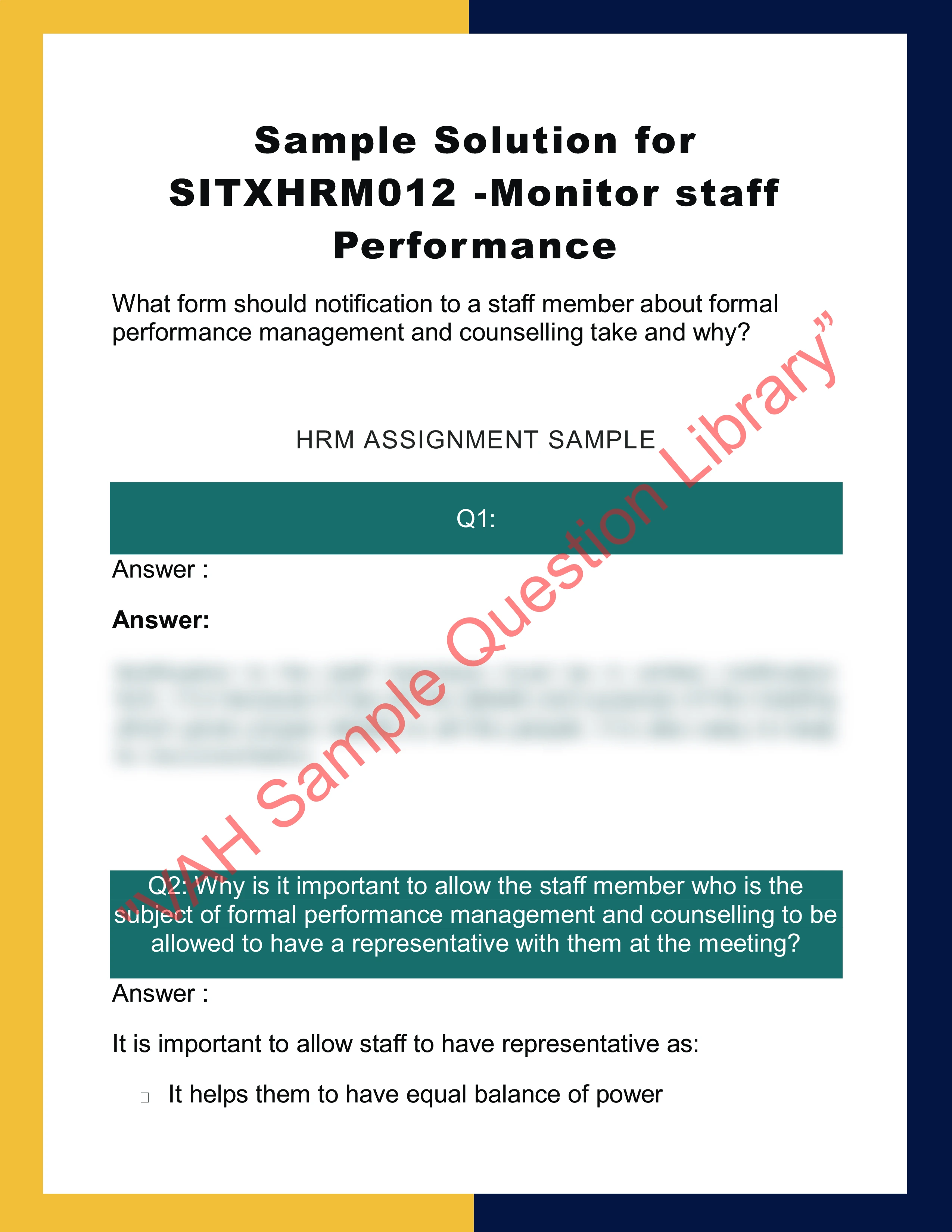Sample Solution for SITXHRM012 -Monitor staff Performance 0
