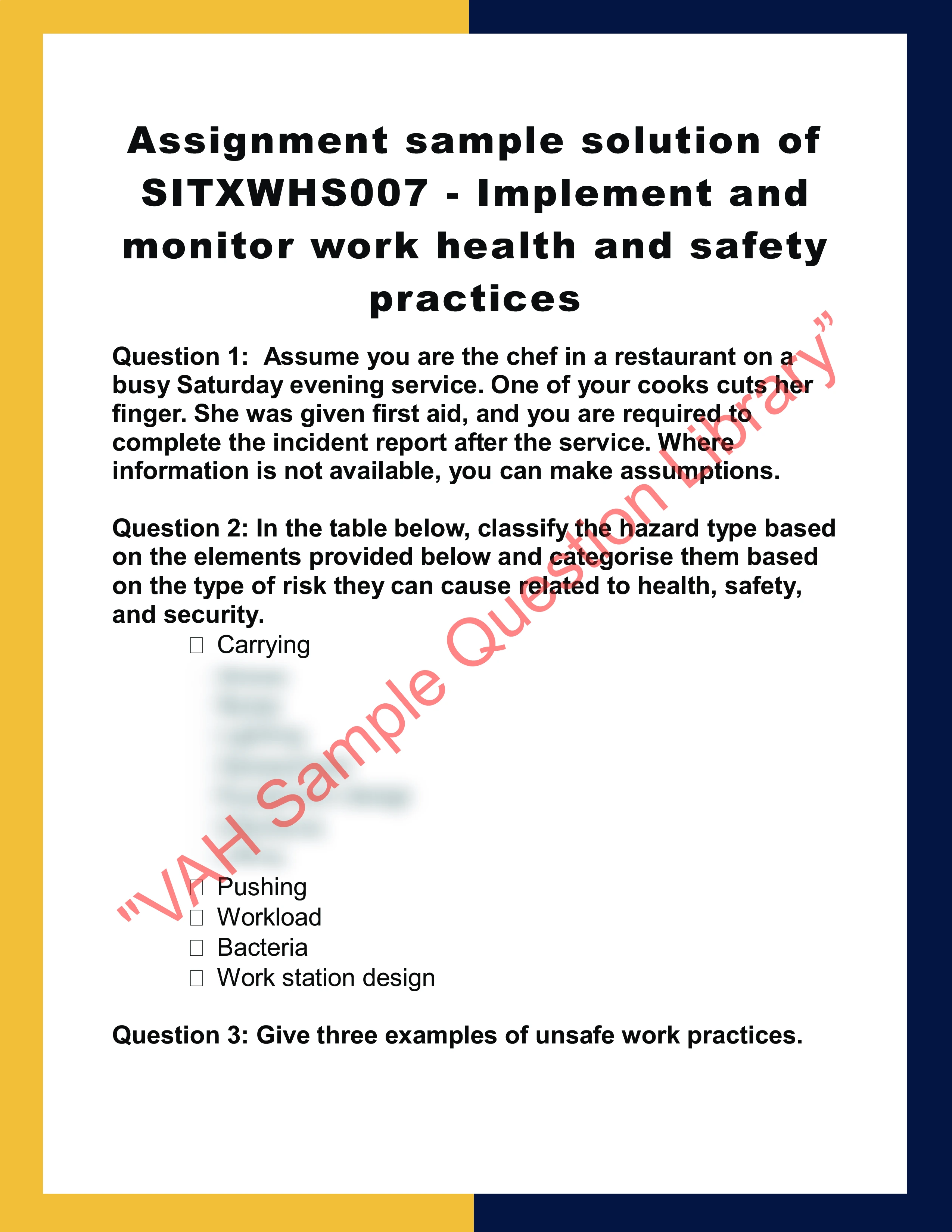 Sample Solution for SITXWHS007-Implement and monitor work health and safety practices 0